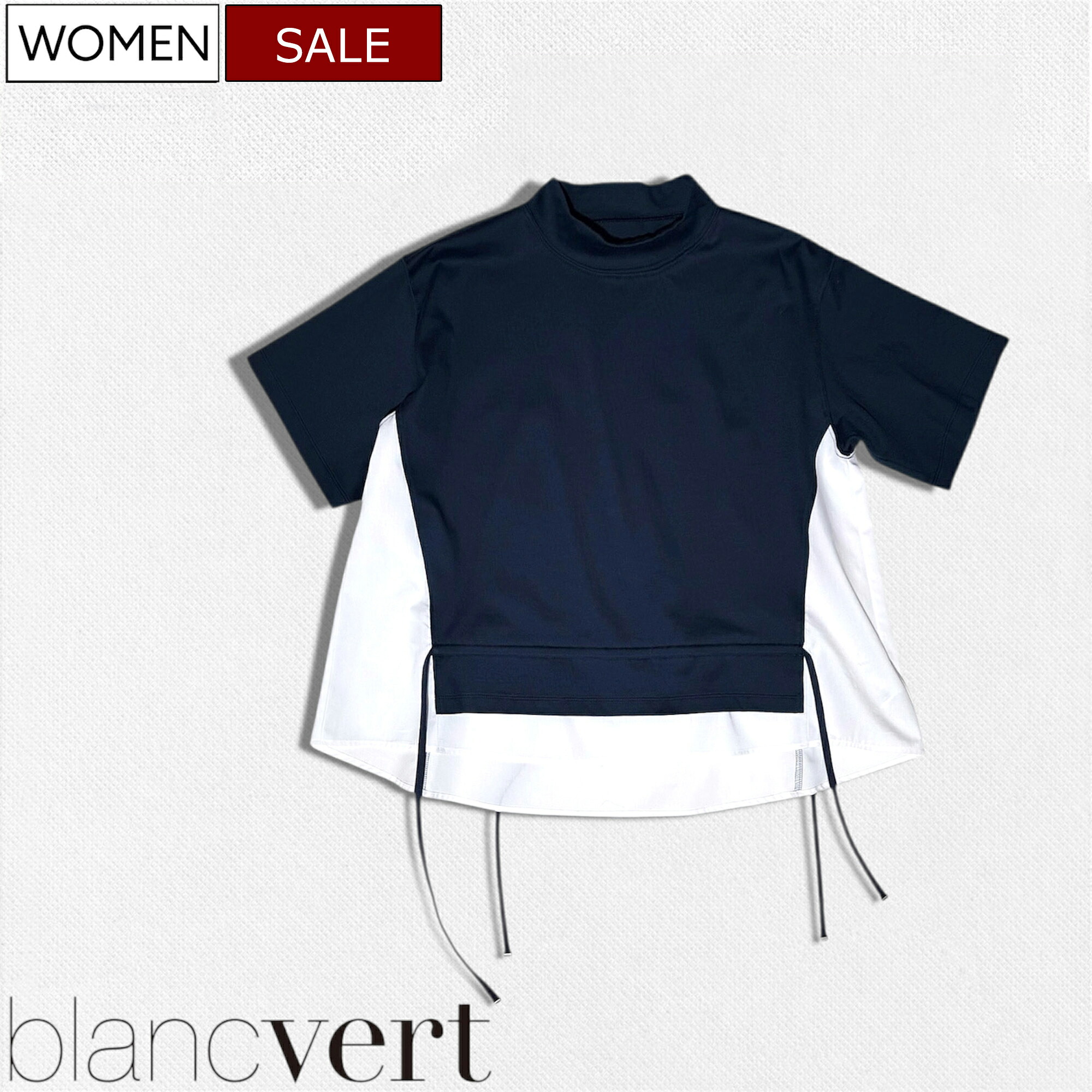 【定価31,900円(税込)】blancvert ブランベール 肩の力が抜けたエフォートレスなスタイル!大人の日常を格上げするブロードコンビネーションハイネックカットソー モックネック ドローコード プルオーバー ブラウス シャツ ネイビー LQ4468202 レディース 日本製|Studio Route134