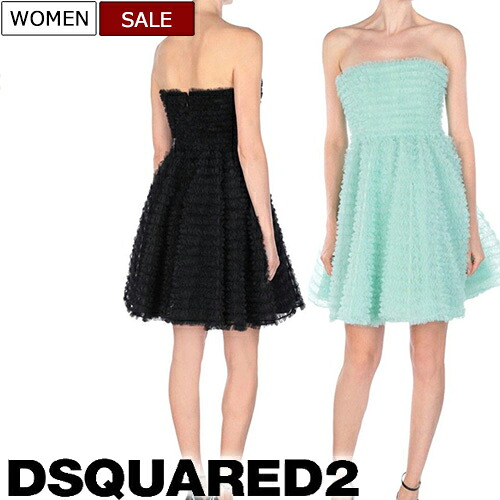 【定価365,200円(税込)】DSQUARED2　ディースクエアード 　圧倒的な存在感を発揮する装飾とカラーリング！細かなコダワリが詰まったエレガントなベアトップフリルドレス　フレア　ブラック　ライトグリーン　　S72Cu0696　34 36 38 40 42 44 イタリア製 レディース la1｜Studio Route134