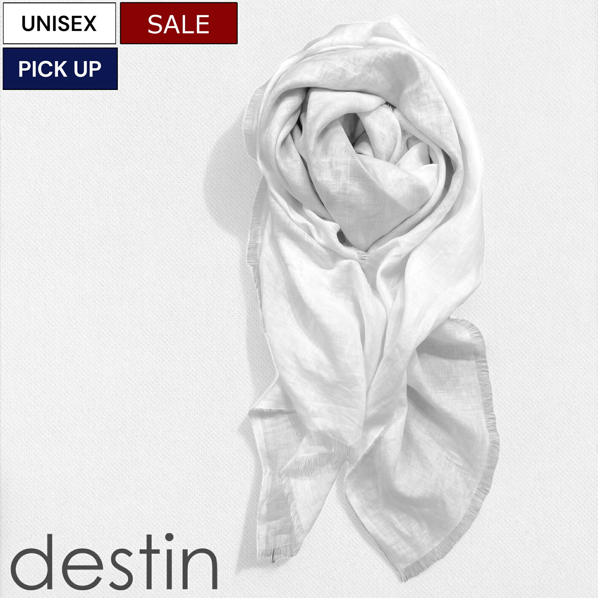 【定価23,100円(税込)】destin デスティン 上質リネン素材が生み出す極上かつ軽やかな生地感がクセになる１枚！大人のラグジュアリーカジュアルを格上げするリネンスカーフ 麻 マフラー ホワイト 大判 linus-s-qd-s25 ユニセックス 男女兼用 イタリア製 12,289円
