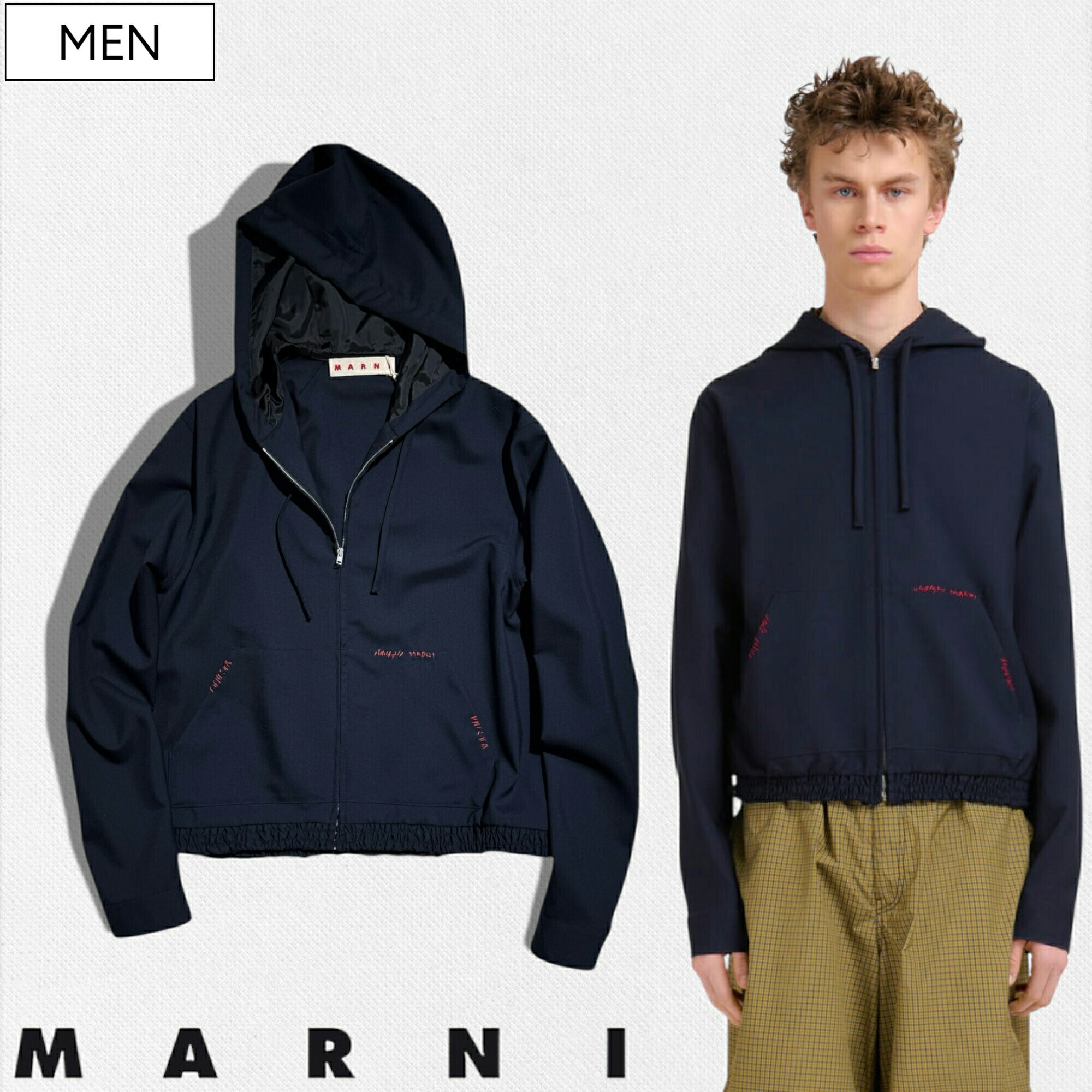 【定価159,500円(税込)】MARNI -マルニ- 旬なショート丈で上品さと美しいシルエットが特徴の ステッチデザイントロピカルウールシャツパーカー ジップアップ フーディ ジャケット ブルゾン オーバーサイズフィット ネイビー CUMU0353S0TW839 セットアップ メンズ｜Studio Route134