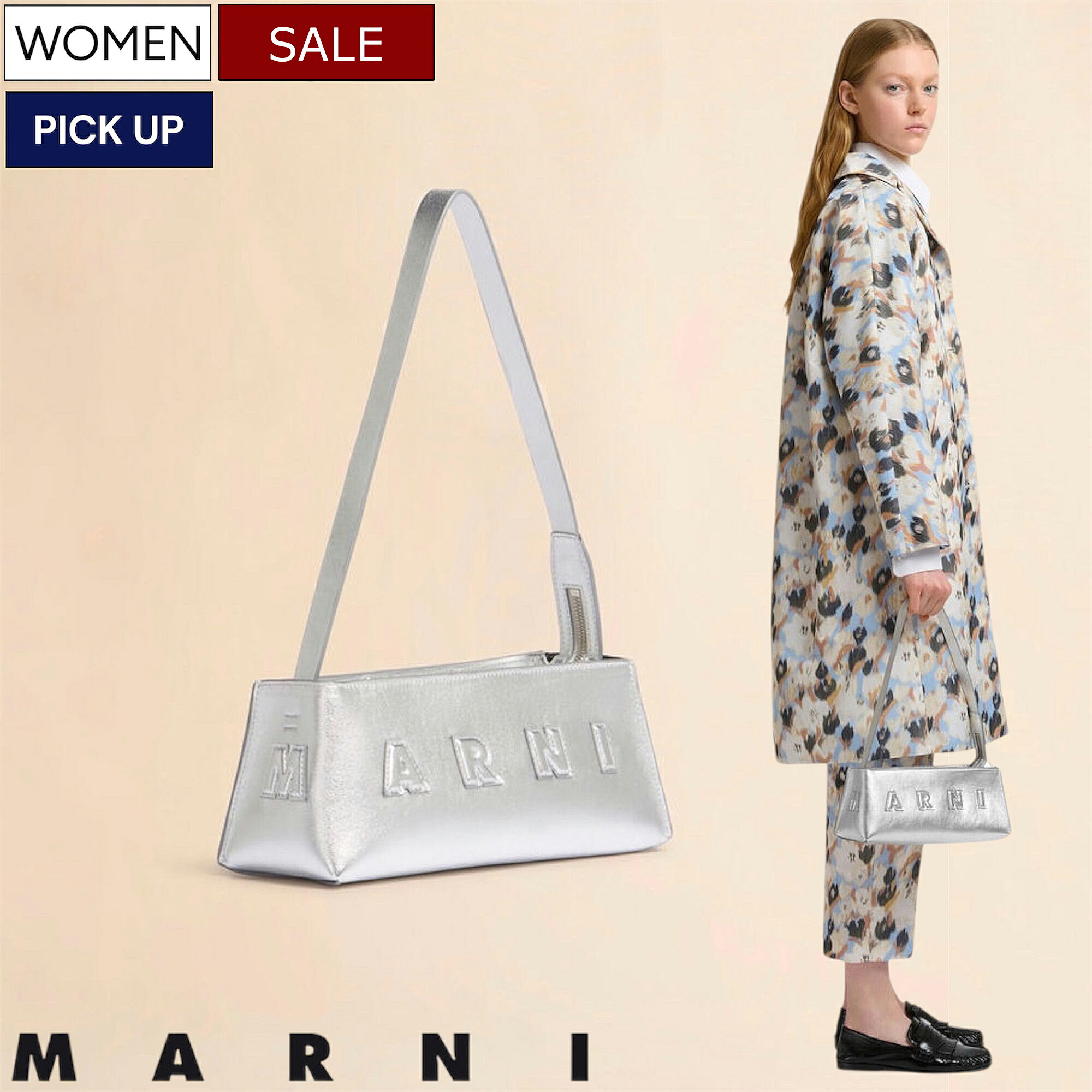 【定価202,400円(税込)】MARNI -マルニ- 余白美のワンハンドルバッグ モードに映えるメタリックシルバー&立体ロゴデザイン コンパクト バゲットバッグ MUSEO BAGUETTE BAG ハンドバッグ ショルダー シルバー SBMP0248U1P498900N20 ユニセックス 男女兼用 イタリア製｜Studio Route134 89,056円
