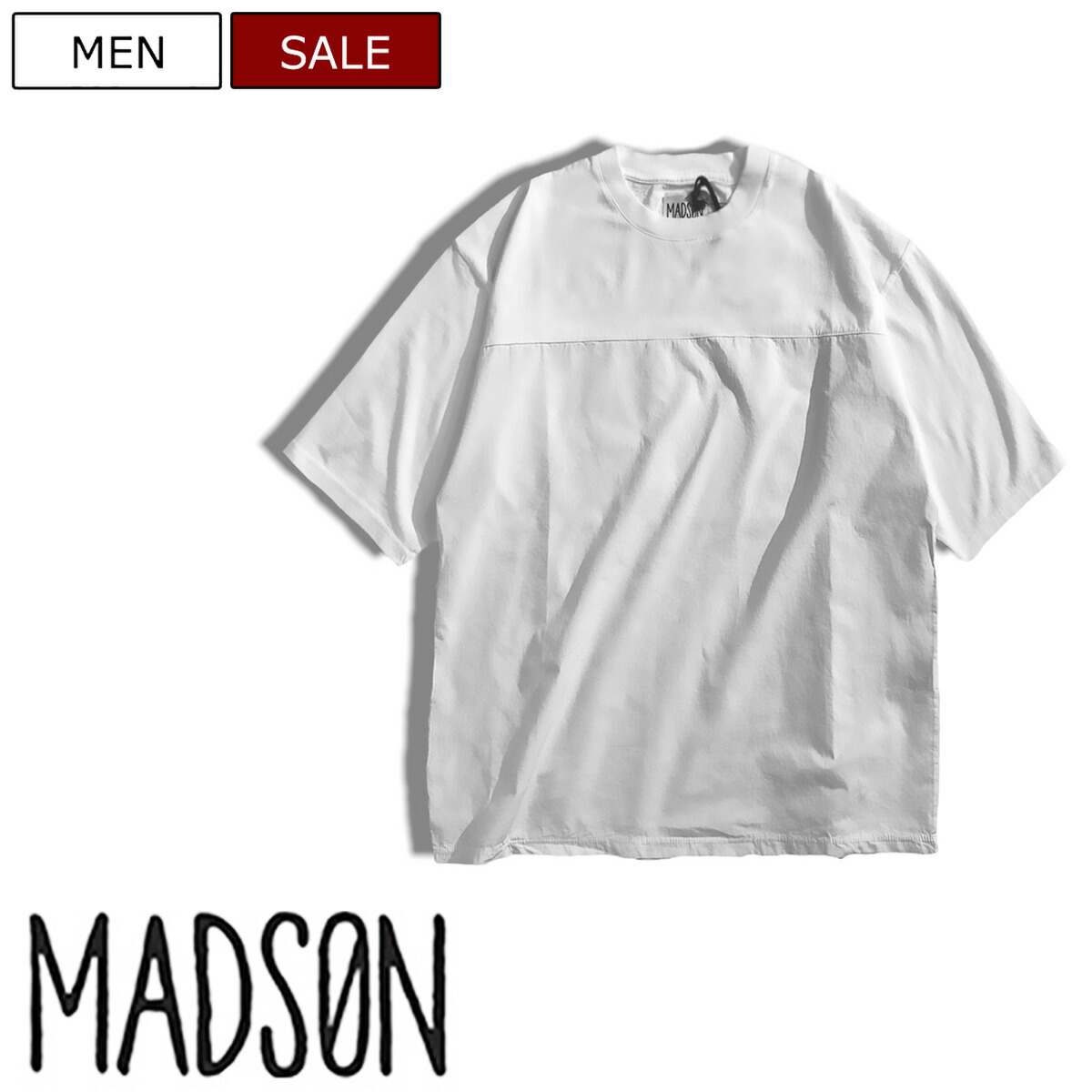 【定価15,400円(税込)】MADSON マッドソン リサイクルコットン使用のラグジュアリーTシャツ！異なる素材感で大人の遊び心を擽るクルーネックのサステナブルTシャツ ティーシャツ オーバーフィット 810401384084 ホワイト XS S M L XL イタリア製 メンズ マドソン