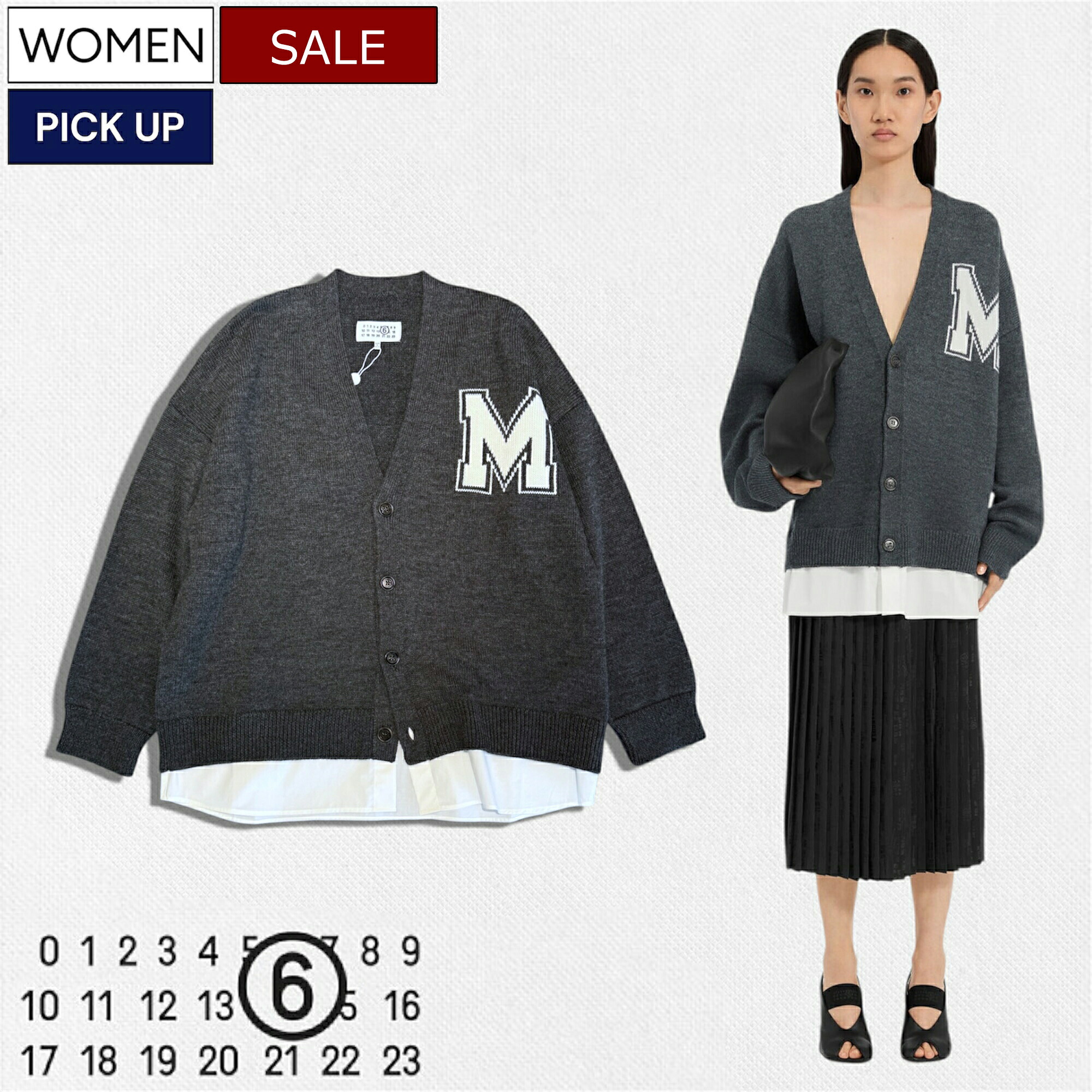 【定価151,800円(税込)】MM6 Maison Margiela エムエムシックス メゾンマルジェラ 柔らかで肌触りのいいヴァージンウールにシャツを融合させた1枚！Mロゴ付きツーインワンニットカーディガン ケーブル セーター ダークグレー SH0HP0012 ユニセックス メンズ レディース｜Studio Route134