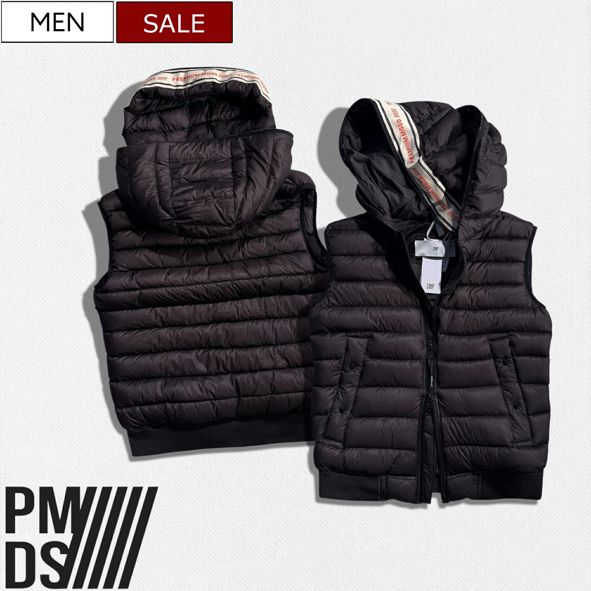 【定価75,900円(税込)】PREMIUM MOOD DENIM SUPERIOR PMDS ピーエムディーエス 都会的かつスポーティーな仕上がり！ロゴレタリングがあしらわれたインナーフードとふたつのフードを備えたダブルフーディダウンベスト ベスト ジャケット 520591424004 メンズ P.M.D.S. 伊製