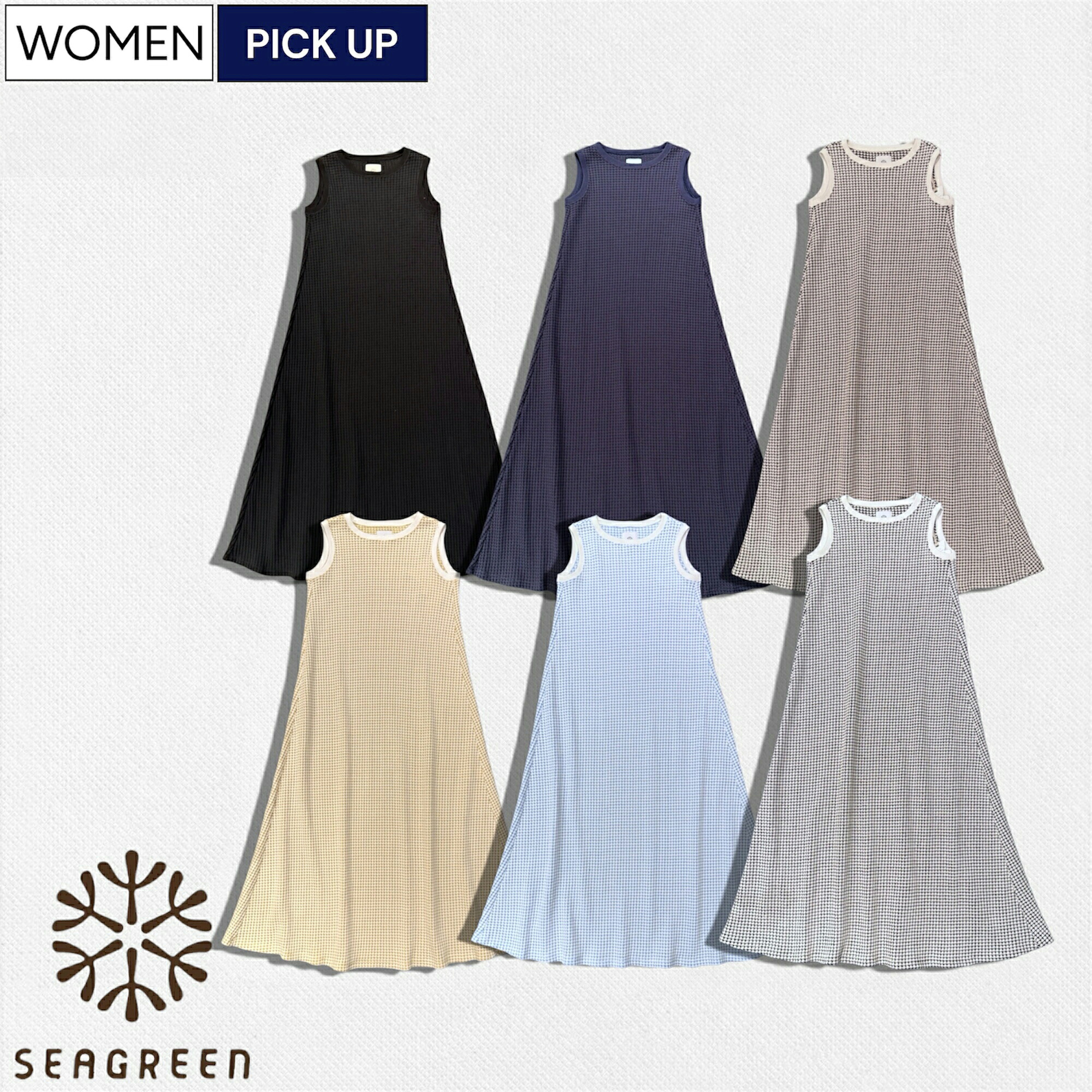 【定価29,700円(税込)】Seagreen -シーグリーン 大人の甘さを醸し出す人気シリーズ！フレーバー（香り）付き ビックワッフルワンピース ノースリーブ ワンピ ロイヤル サックス イエロー ブラウン ネイビー ブラック LCKZ0043095538 レディース オニワッフル 日本製｜Studio Route134 21,087円