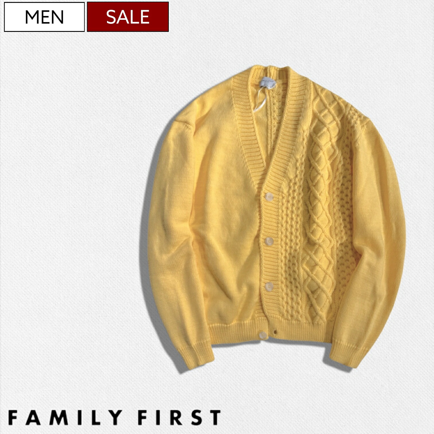 【定価75,900円(税込)】FAMILY FIRST MILANO -ファミリーファーストミラノ- 極上の着心地がクセになる１着！豊かな表情で魅せる ウール混 ケーブルニットカーディガン Crazy Pattern Knit Cardigan セーター イエロー SWF2313YW52 イタリア製 メンズ la1 14,256円
