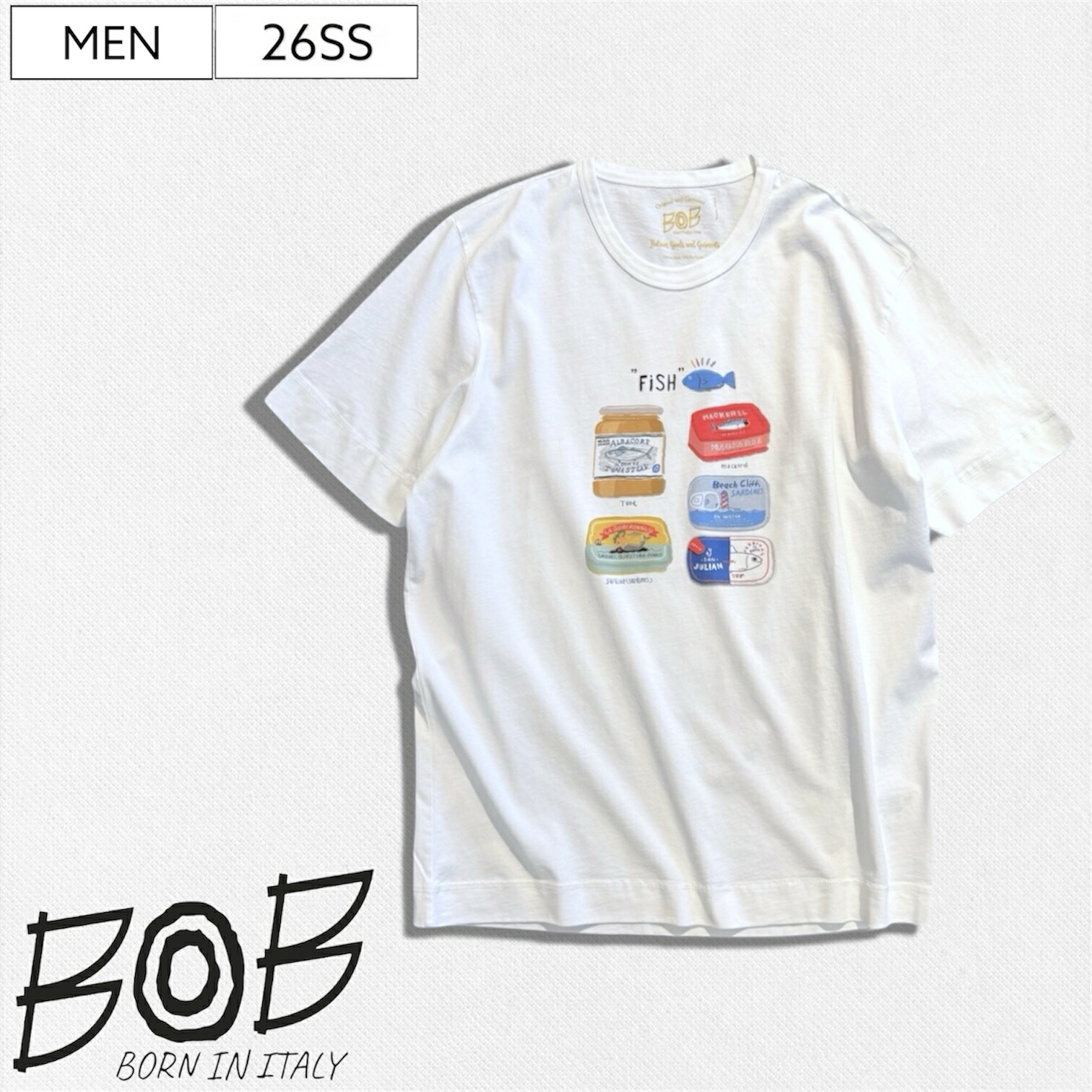 【定価17,600円(税込)】BOB -ボブ- 極上のコットン地にハンドメイドで描かれたFISHプリントが遊び心擽る一着！大人の休日を格上げする フィッシュカラー クルーネックTシャツ FISH COLOR T-shirt 半袖 ハーフスリーブ ホワイト KOON クーン 074763017 メンズ