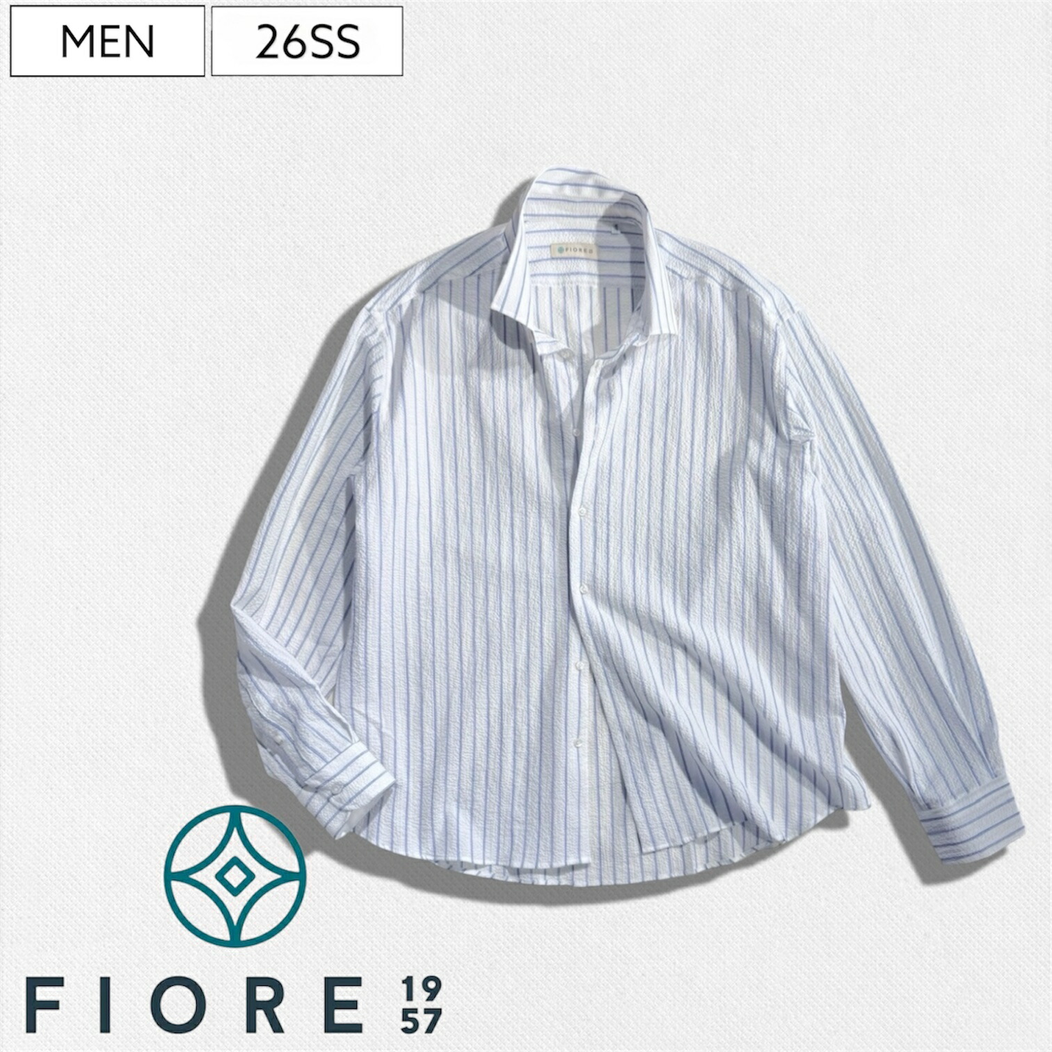 【定価31,900円(税込)】Fiore1957 -フィオーレ1957 - 清涼感溢れる１枚！独特の凹凸（シボ）が快適な着心地をキープする ストライプ柄 シアサッカーシャツ 長袖 しじら織り F1-11-DUTY-8-6 ホワイト×ブルー イタリア製 メンズ