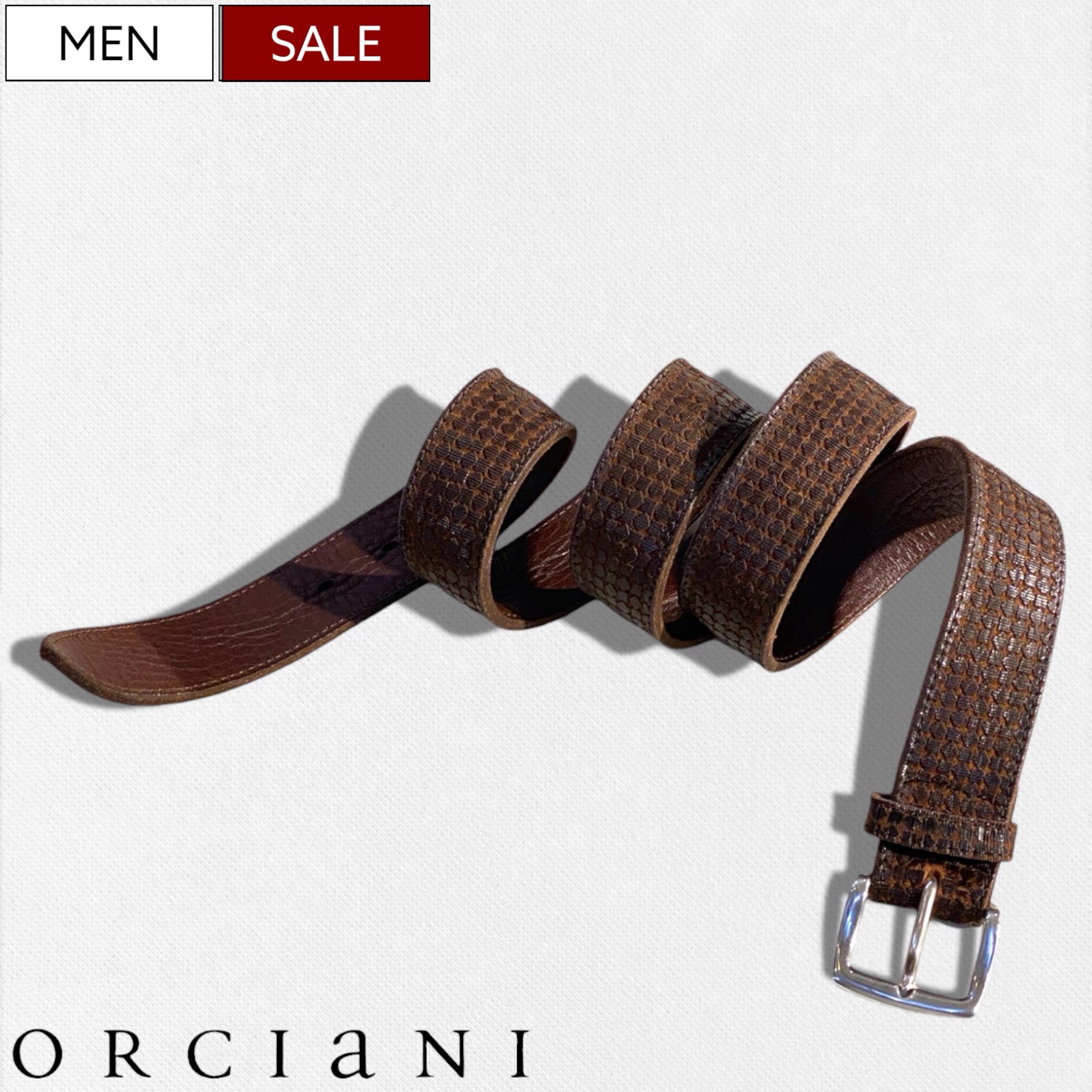 【定価30,800円(税込)】ORCIANI -オルチアーニ- こだわりのディテールが魅力的な１本！大人の色香漂わせる 総柄 レザーベルト 革ベルト 牛革 ブラウン 62181002 80 85 90 95 100 イタリア製 ユニセックス 男女兼用 la1