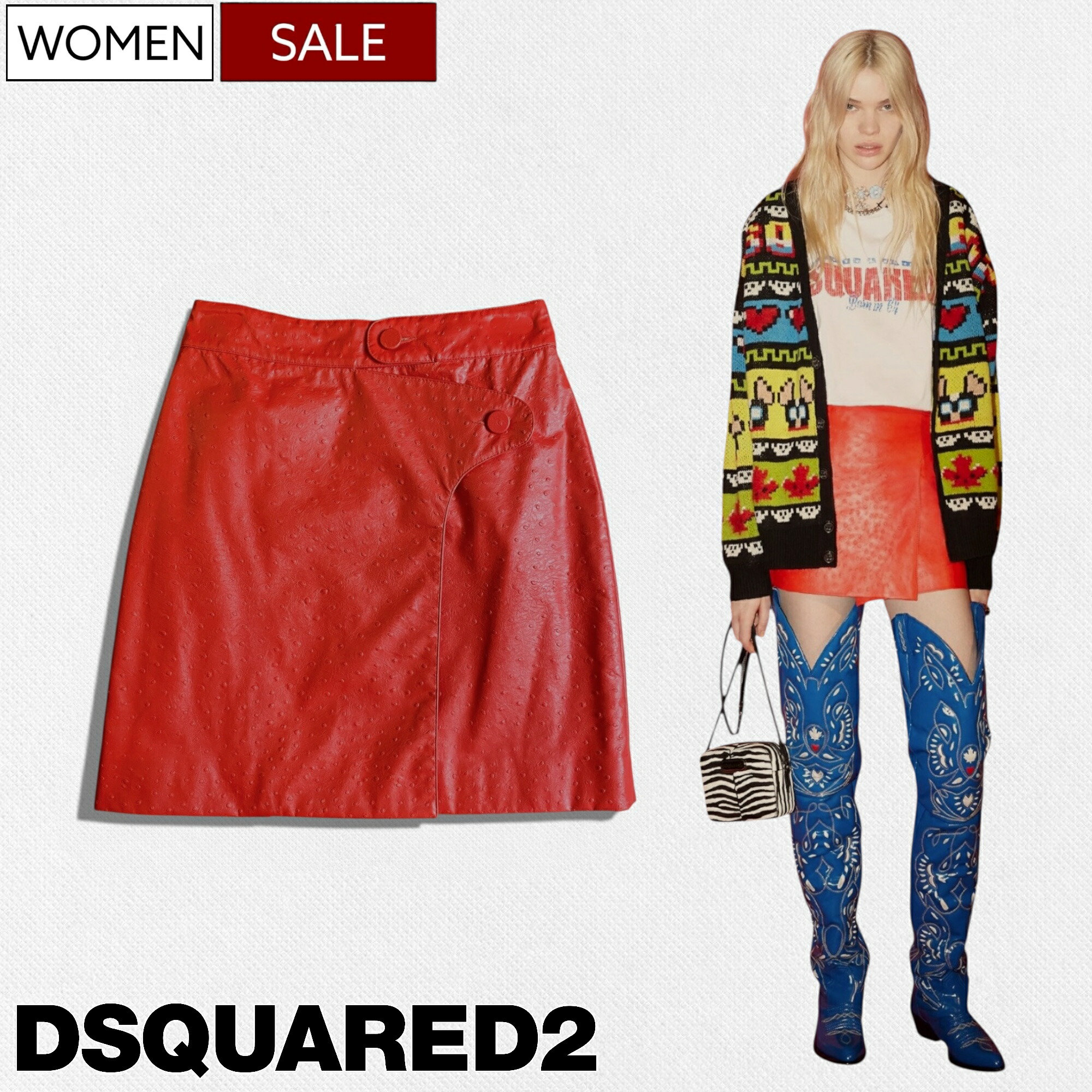 【定価110,000円(税込)】DSQUARED2 ディースクエアード ラグジュアリーな佇まいを演出！鮮やかなカラーリングで大人の色香漂わすラップスカート 巻きスカート PRINTED FAUX LEATHER SKIRT フェイクレザーミニスカート ミニ丈 レッド S75MA0891S78385 イタリア製 レディース