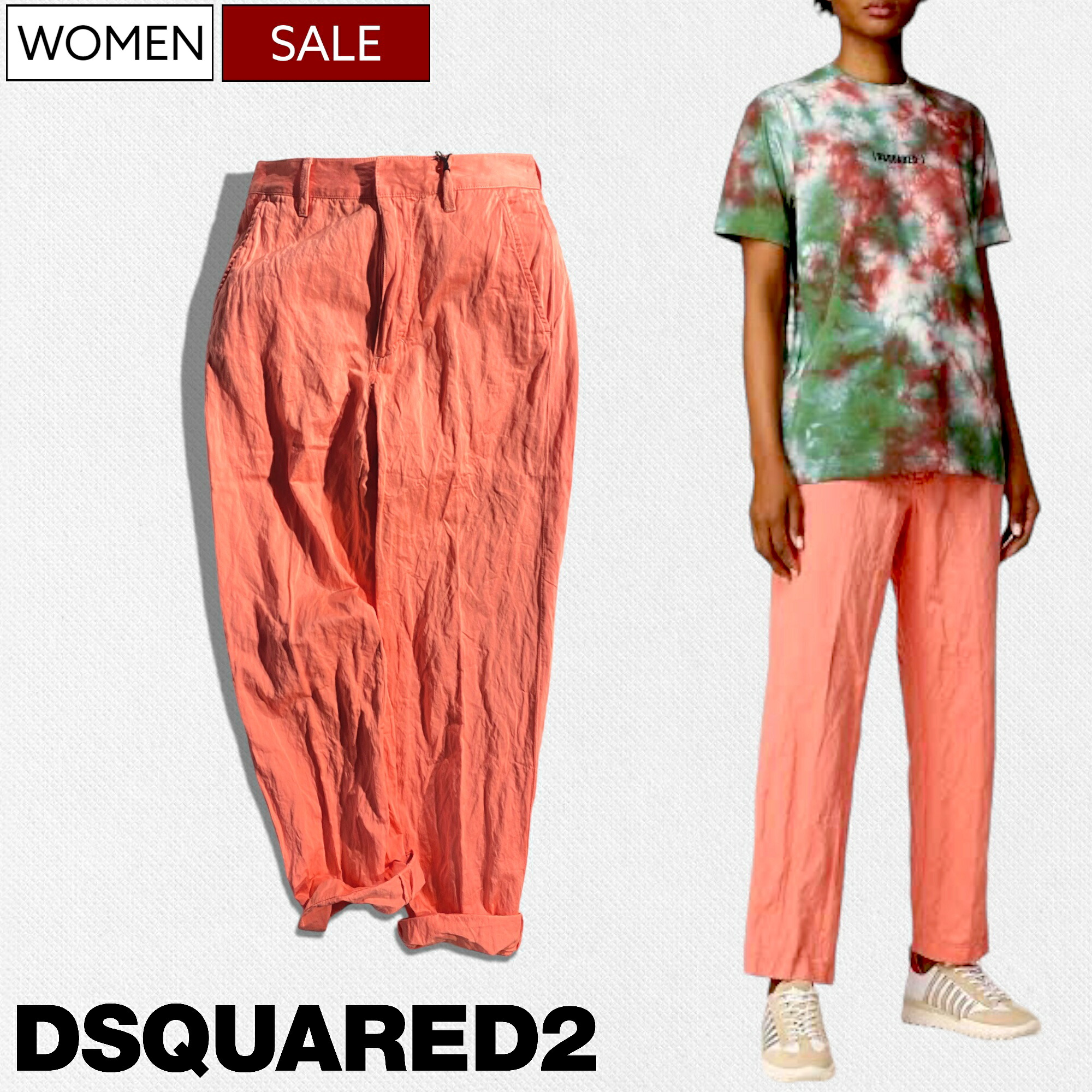 【定価86,900円(税込)】DSQUARED2 ディースクエアード 小洒落たシワ感と上品な大人のカラーリングが都会的なヌケ感を醸し出す！コットンワイドチノパンツ S72KA1127 シワ加工 ワッシャー加工 サーモンピンク イタリア製 レディース 34 36 38 40 42 イタリア製｜Studio Route134