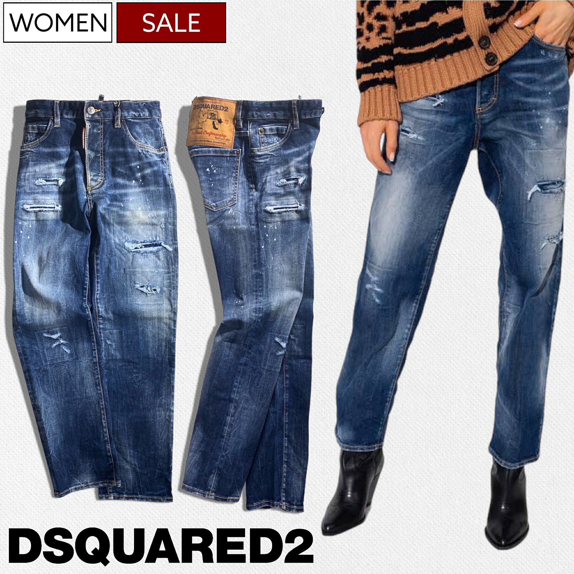 【定価86,900円(税込)】DSQUARED2 ディースクエアード 80’sをイメージさせるシルエットで都会的な計算されたダメージ＆リペア加工が目を惹くストレッチワイドストレートデニムパンツ ジーンズ ダメージ加工 《BOSTON JEANS-ボストンジーン-》S75LB0584 レディース la1 28,243円