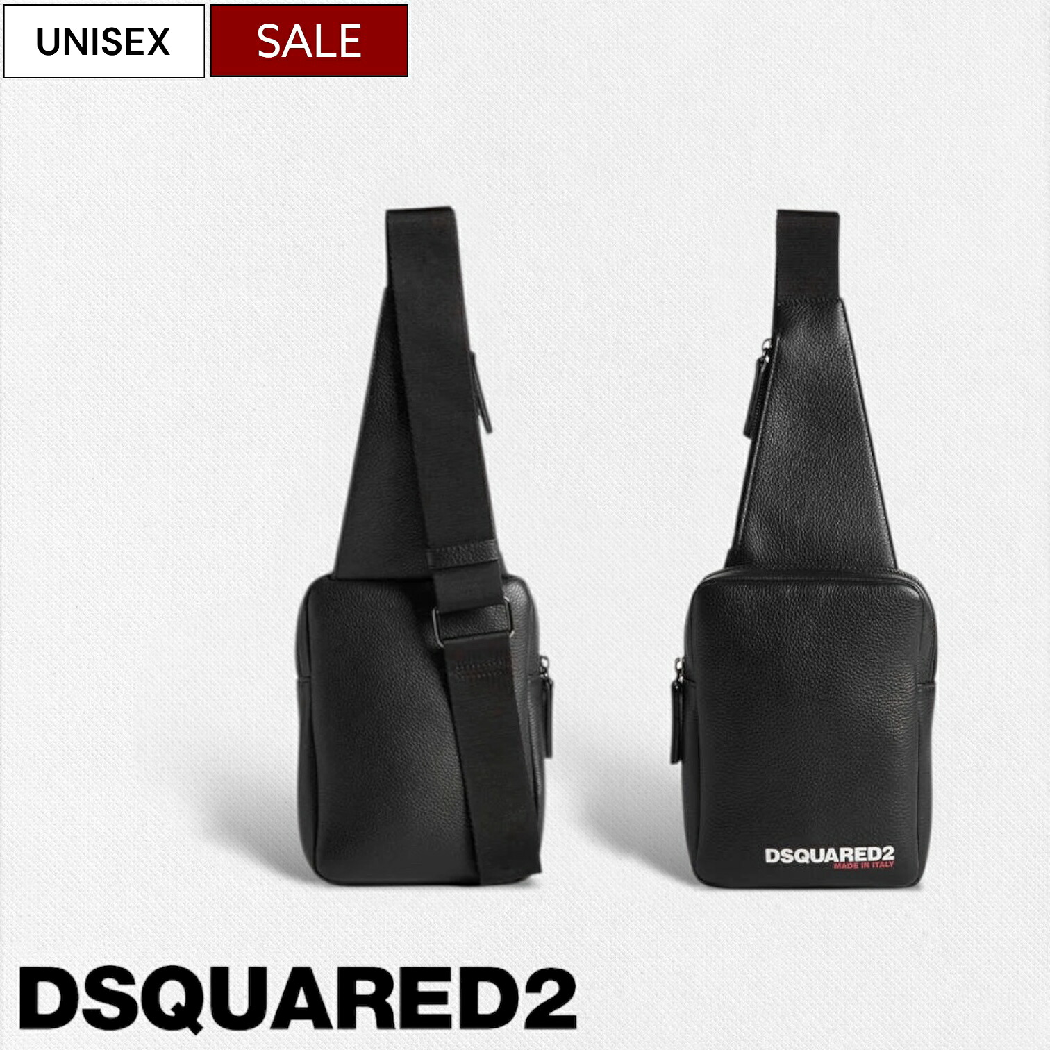 【定価141,900円(税込)】DSQUARED2 ディースクエアード 主張の効いたロゴデザインと極上レザーは大人の小物使いに最適♪ ロゴプリント ワンショルダーバッグ レザーボディバッグ バック 斜め掛け 鞄 ブラック 男女兼用 ユニセックス S82CB0047SJ251038882124