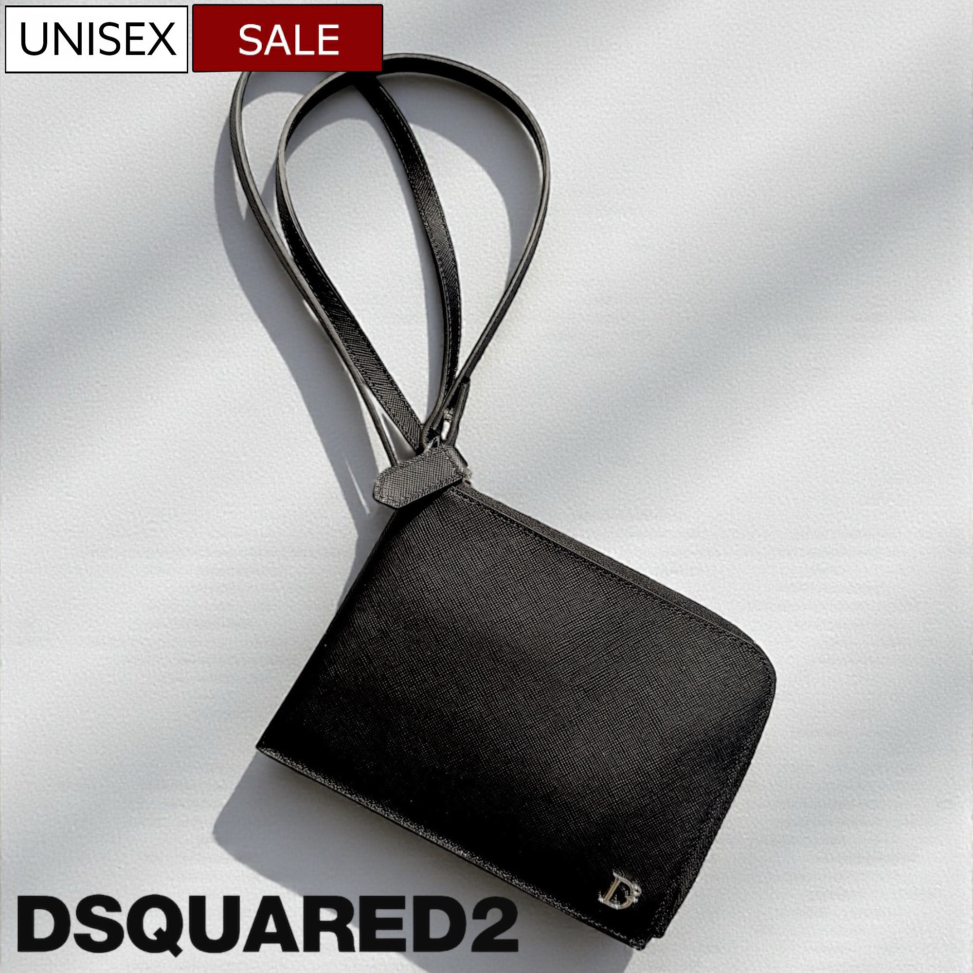 【定価72,600円(税込)】DSQUARED2 ディースクエアード 上質レザーは大人の小物使いに最適♪使い勝手良く存在感を放つ 着脱可能ストラップ 付きサフィアーノレザーポーチ 財布 牛革 カードウォレット スモール S82WA0055SJ01501209 ブラック 男女兼用 ユニセックス イタリア製｜Studio Route134