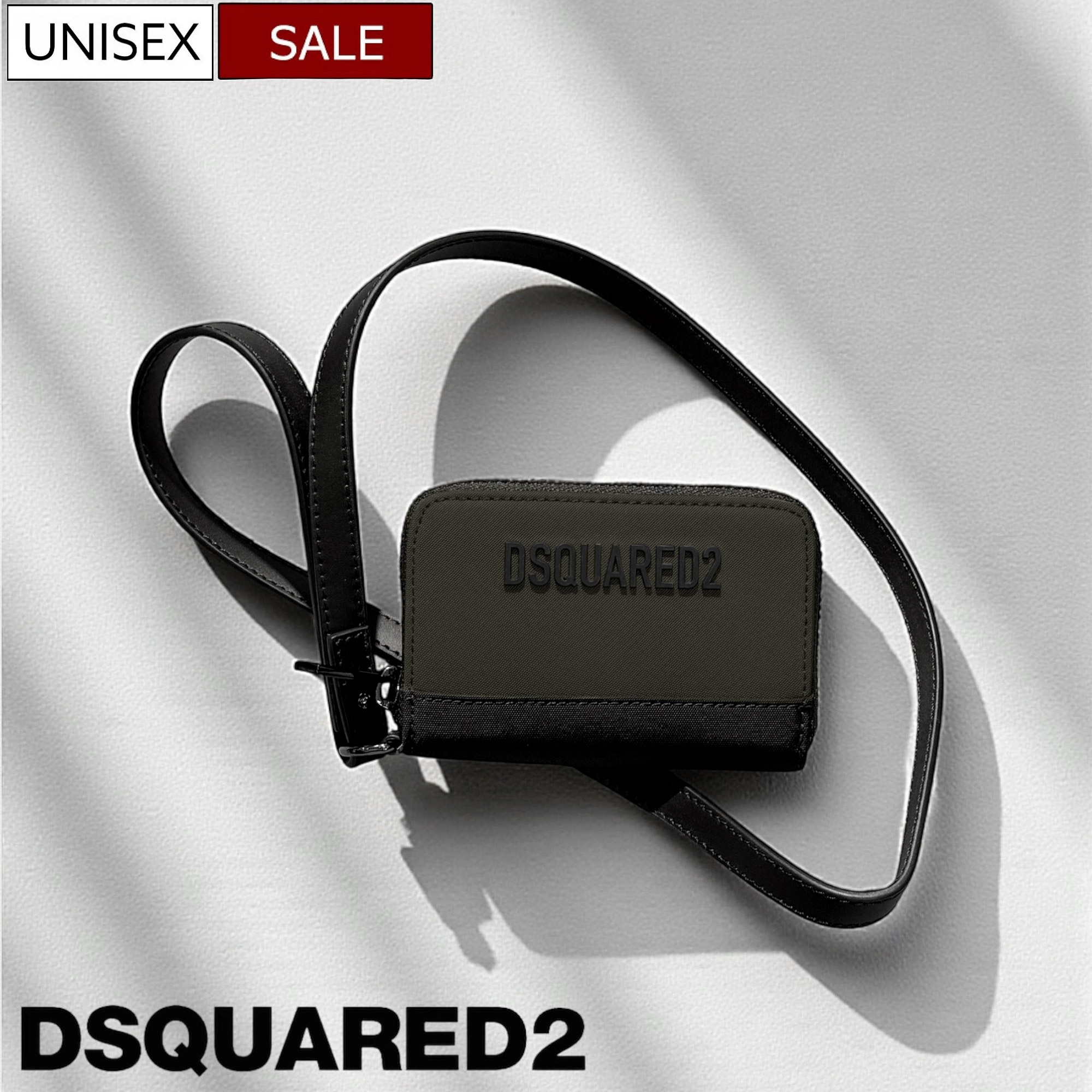 【定価56,100円(税込)】DSQUARED2 ディースクエアード　大人の小物使いに最適で使い勝手が良く存在感を放つ ストラップ付きロゴデザインレザーコンビネーションコインカードウォレット 財布 牛革 カードウォレット S82WA0057SJ16806815 ブラック 男女兼用 ユニセックス｜Studio Route134