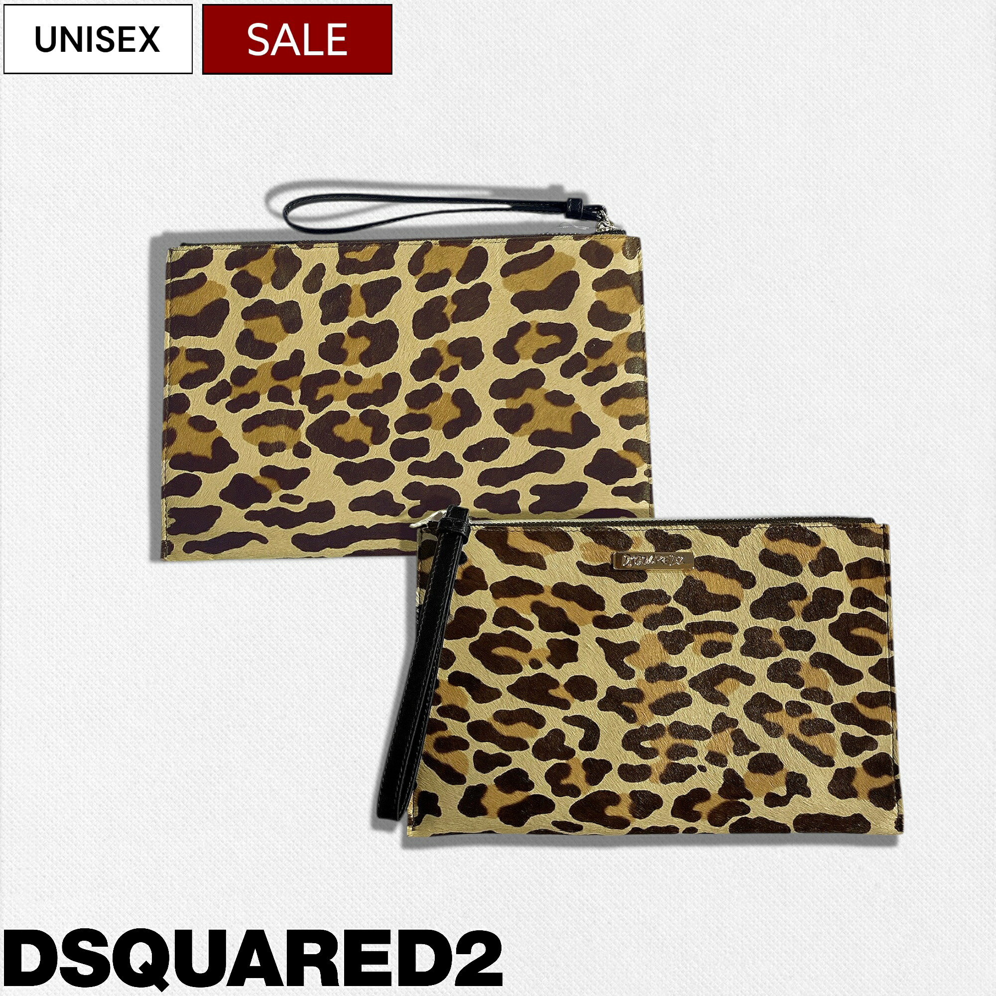 【定価67,100円(税込)】DSQUARED2 ディースクエアード 上質レザーは大人の小物使いに最適♪使い勝手が良く存在感を放つロゴプレート付きハラコレザークラッチバッグ ポーチ バック レパード レオパード ヒョウ柄 セカンドバッグ S83P00014SJ02201261 ユニセックス 伊製 la1