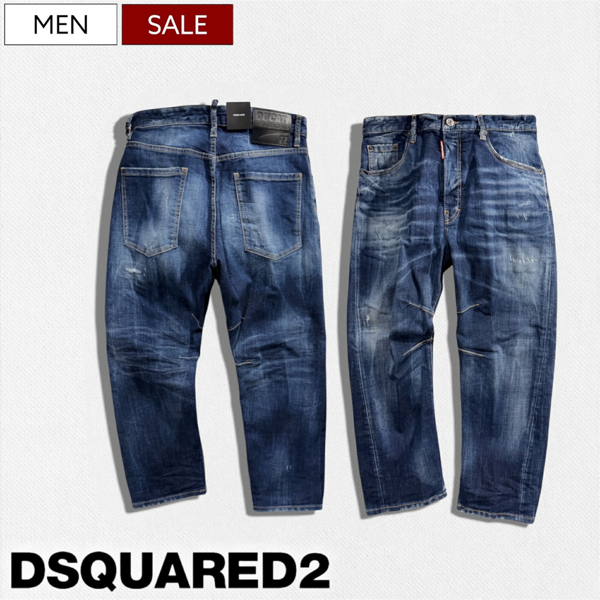 【定価151,800円(税込)】DSQUARED2 ディースクエアード ドゥカティ コラボレーション！職人技が随所に光るラフな１本♪リペア＆ダメージ加工 デニムパンツ ジーンズ ウォッシュ 《KAWAII JEAN -カワイイジーン-》ウォッシュデニム S71LB1704S30664 メンズ イタリア製 Ducati｜Studio Route134
