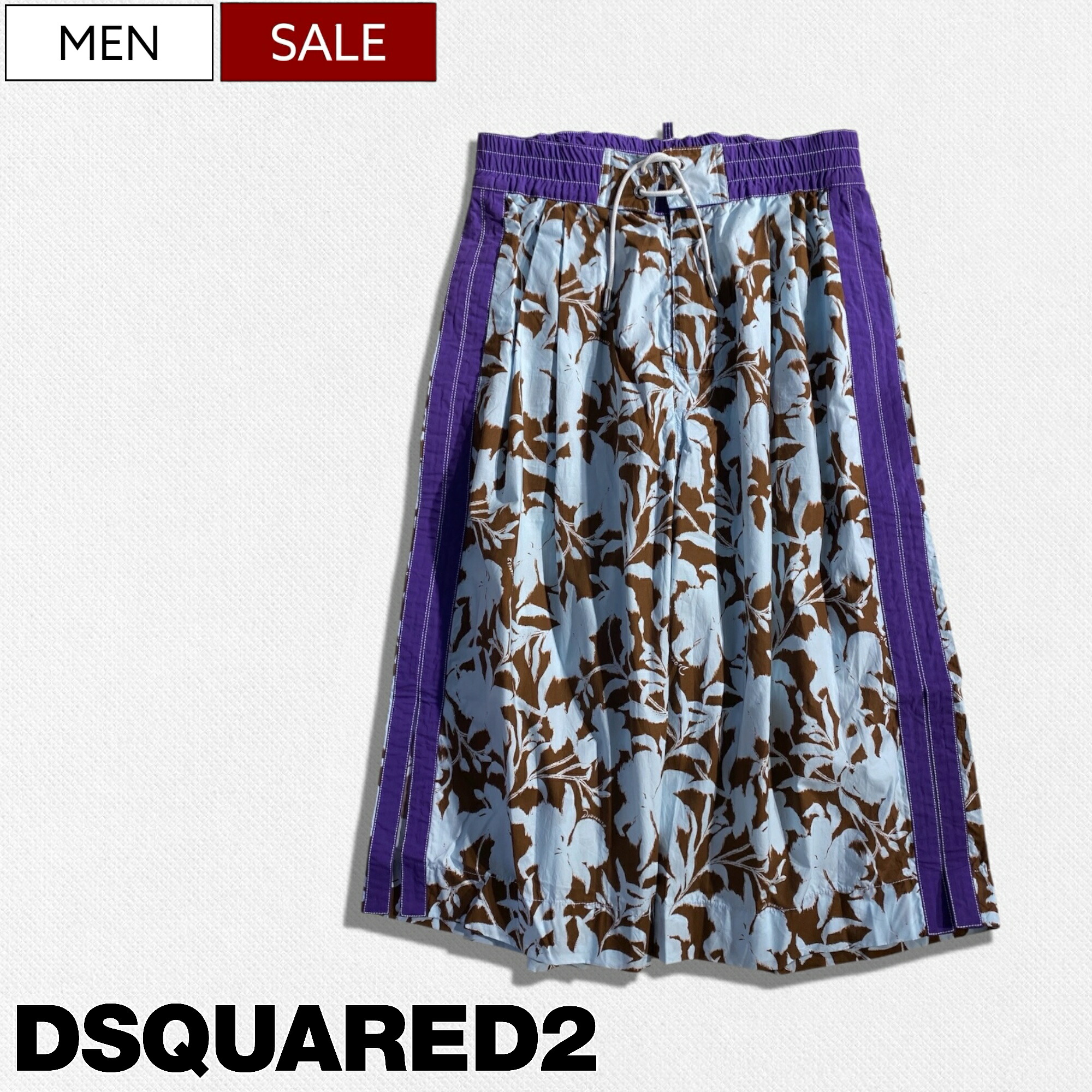 【定価124,300円(税込)】DSQUARED2 ディースクエアード 大人の遊びココロ溢れるカジュアルな１本！小洒落感と上品な大人の色香醸すボタニカル柄スリット入りワイドパンツ リラックス スラックス ウエストゴム 総柄 パープル S71MU0714 イタリア製 メンズ