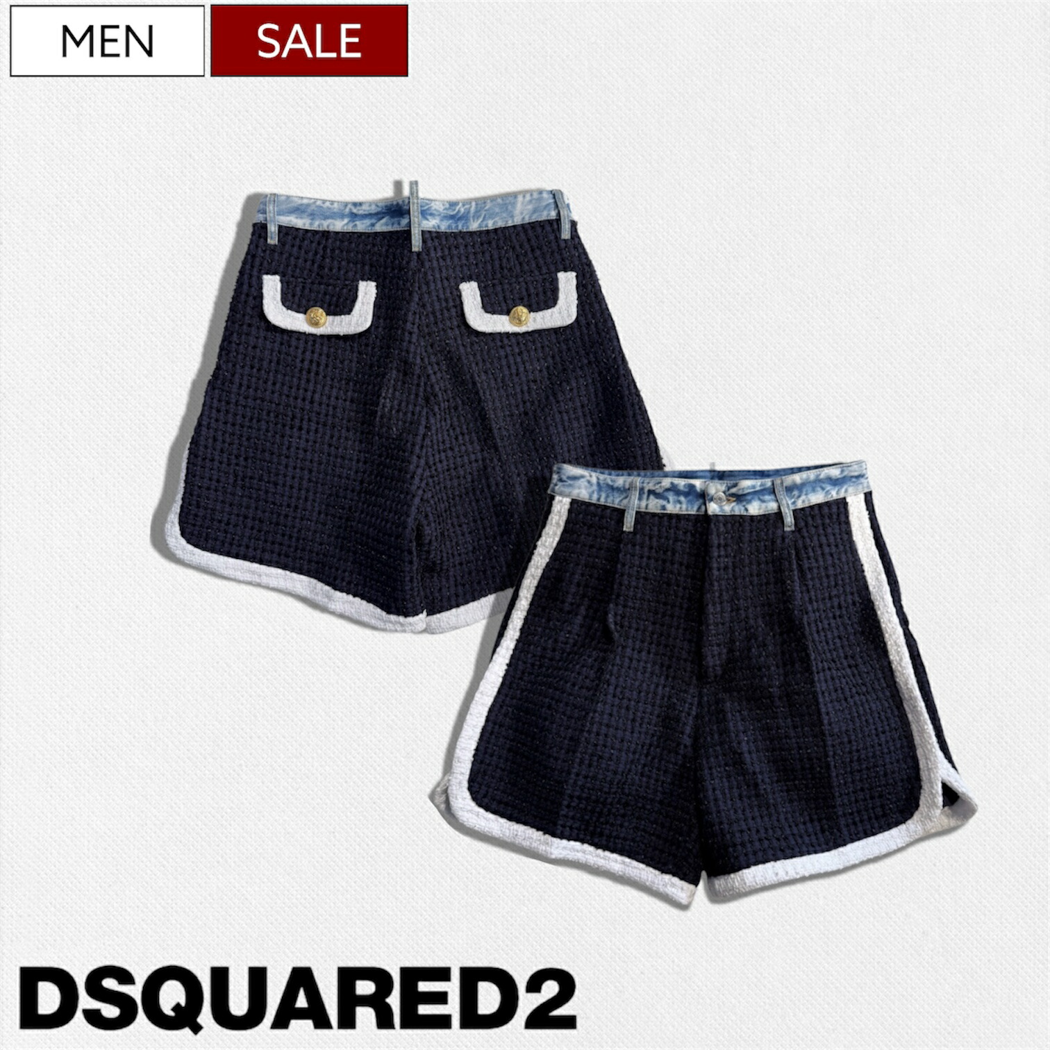 【定価201,300円(税込)】DSQUARED2ディースクエアード 大人の夏を印象付ける ワッフルコンビデニムショーツ サマーツイード ショートパンツ 短パン ハーフパンツ ネイビー S71MU0775S78504 イタリア製 メンズ