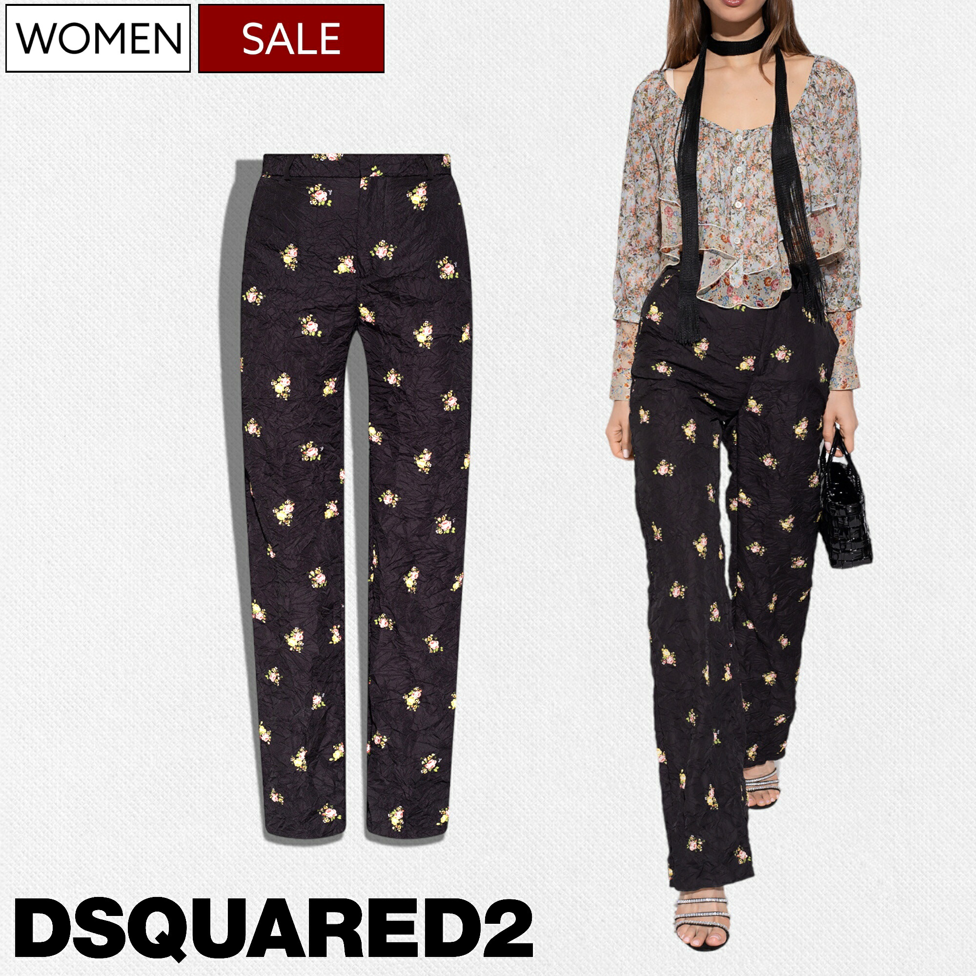 【定価104,500円(税込)】DSQUARED2 ディースクエアード 　遊びココロ溢れる！大人のラグジュアリーカジュアルを演出するフラワー柄クリンクル加工スラックスパンツ！ ジャージ リラックス S72KA1134 ブラック イタリア製 レディース la1｜Studio Route134