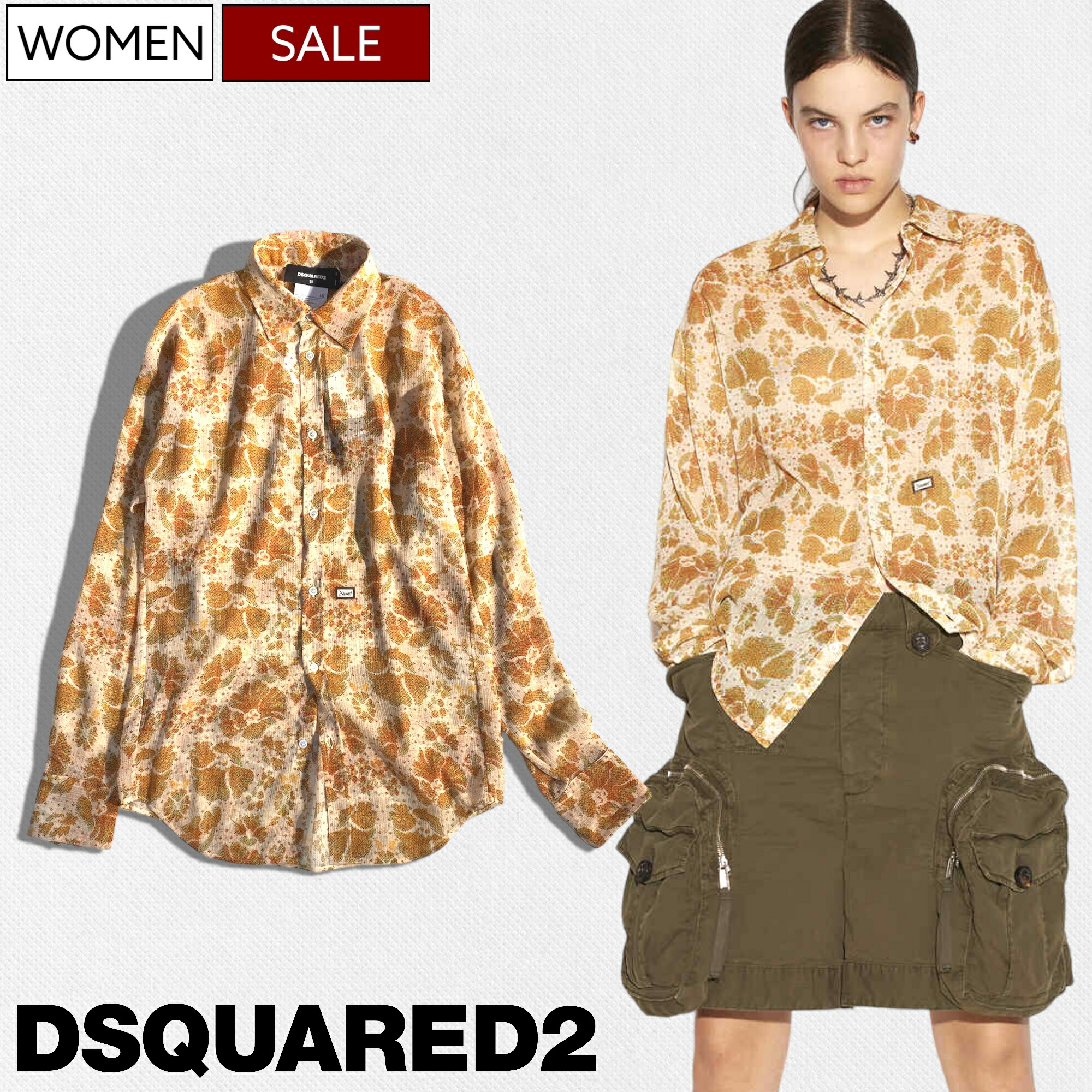 【定価96,800円(税込)】DSQUARED2 ディースクエアード 華やかなフラワー柄と薄手の生地感が大人の休日を格上げするフラワー柄ロングスリーブシャツ 長袖 ブラウス トップス 花柄 透け 開襟 S72DL0697 オレンジ イタリア製 レディース