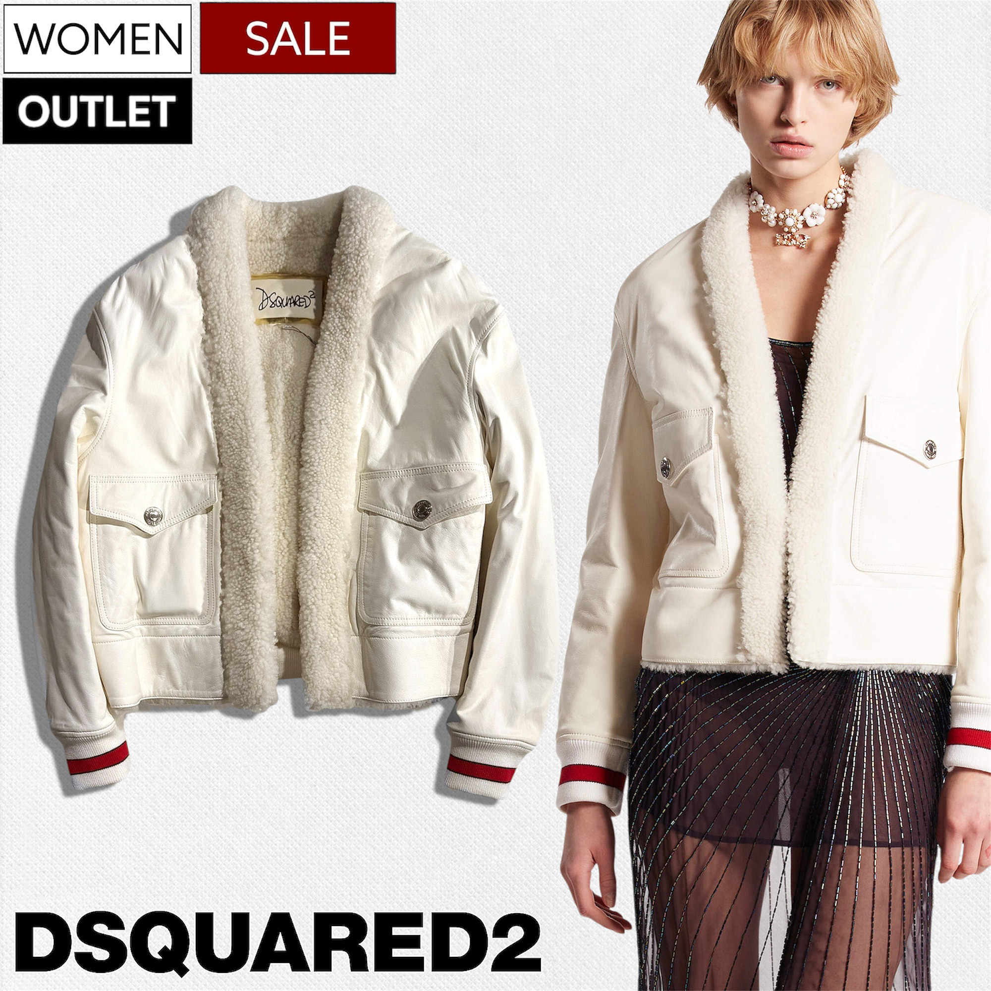 【OUTLET】【定価754,600円(税込)】DSQUARED2 ディースクエアード 最高級の素材と計算し尽くされたシルエットで大人の女性の嗜みへと昇華させたラムレザージャケット ボア アウター ボマージャケットボンバー ブルゾン ホワイト S75AM0992SY1637101 レディース ワケ有