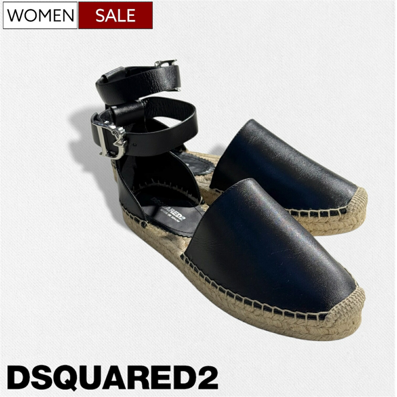 【定価114,400円(税込)】DSQUARED2 ディースクエアード 軽やかな足元を演出してくれる！楽チンな履き心地の エスパドリーユサンダル カウレザー サンダル フラットサンダル アンクルストラップ D2バックル シューズ S83ES0022SJ01500001 ブラック 牛革 レディース M0725｜Studio Route134