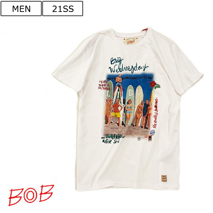 人気ブランド 楽天市場 定価12 100円 税込 Bob ボブ イタリアの熟練職人によるハンドメイドの１着 レトロ感漂わせるビーチの風景プリントが魅力的な クルーネックtシャツ 半袖 ハーフスリーブ ホワイト サーフィン Big Wednesday Xs S M L Xl Xxl Xxxl