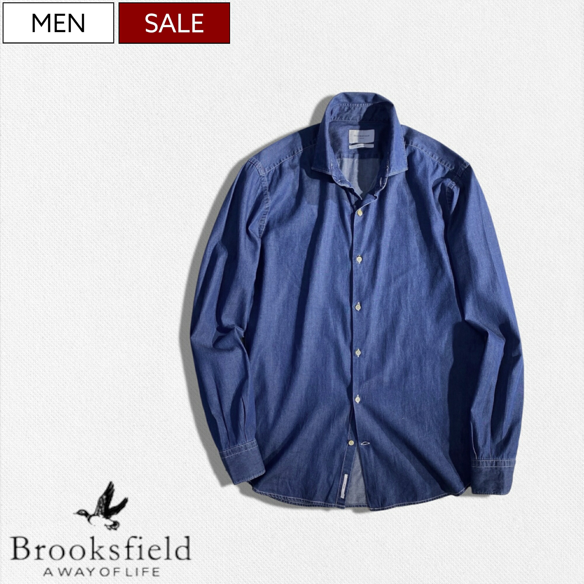 【定価36,300円(税込)】BROOKSFIELD -ブルックスフィールド- 1枚あると重宝すること間違いなし！落ち着いた色合いで何にでも合わせやすい ウォッシュ加工 デニムシャツ 長袖 インディゴ 202at091 イタリア製 メンズ