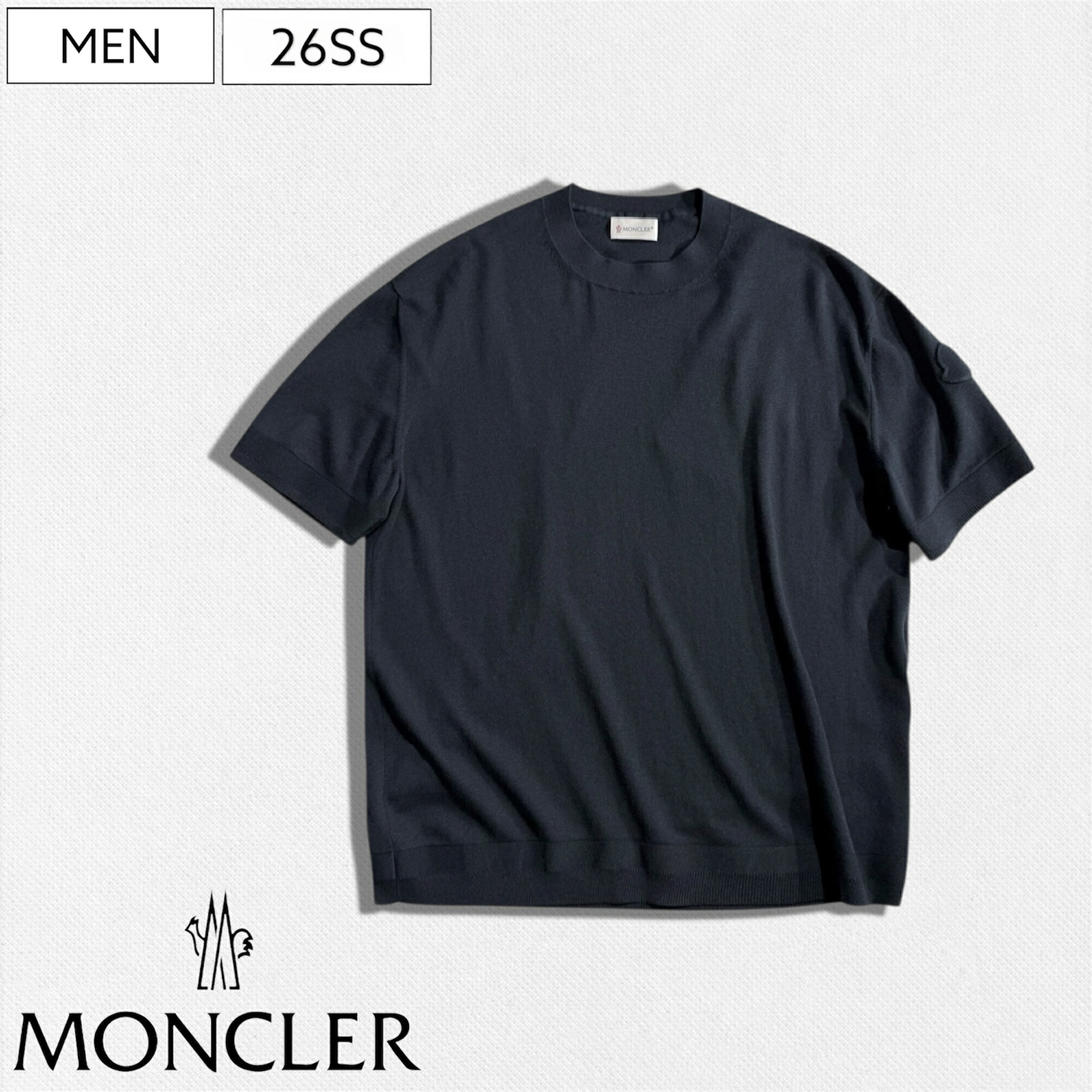 【定価127,600円(税込)】MONCLER モンクレール 大人の余裕を漂わせる！同色アイコンパッチ付き クルーネックシルクコットンニットTシャツ ティー 半袖 ハーフスリーブ サマーニット CREW NECK 国内正規品/モンクレールジャパン ブラック L10919C00017M6329 メンズ