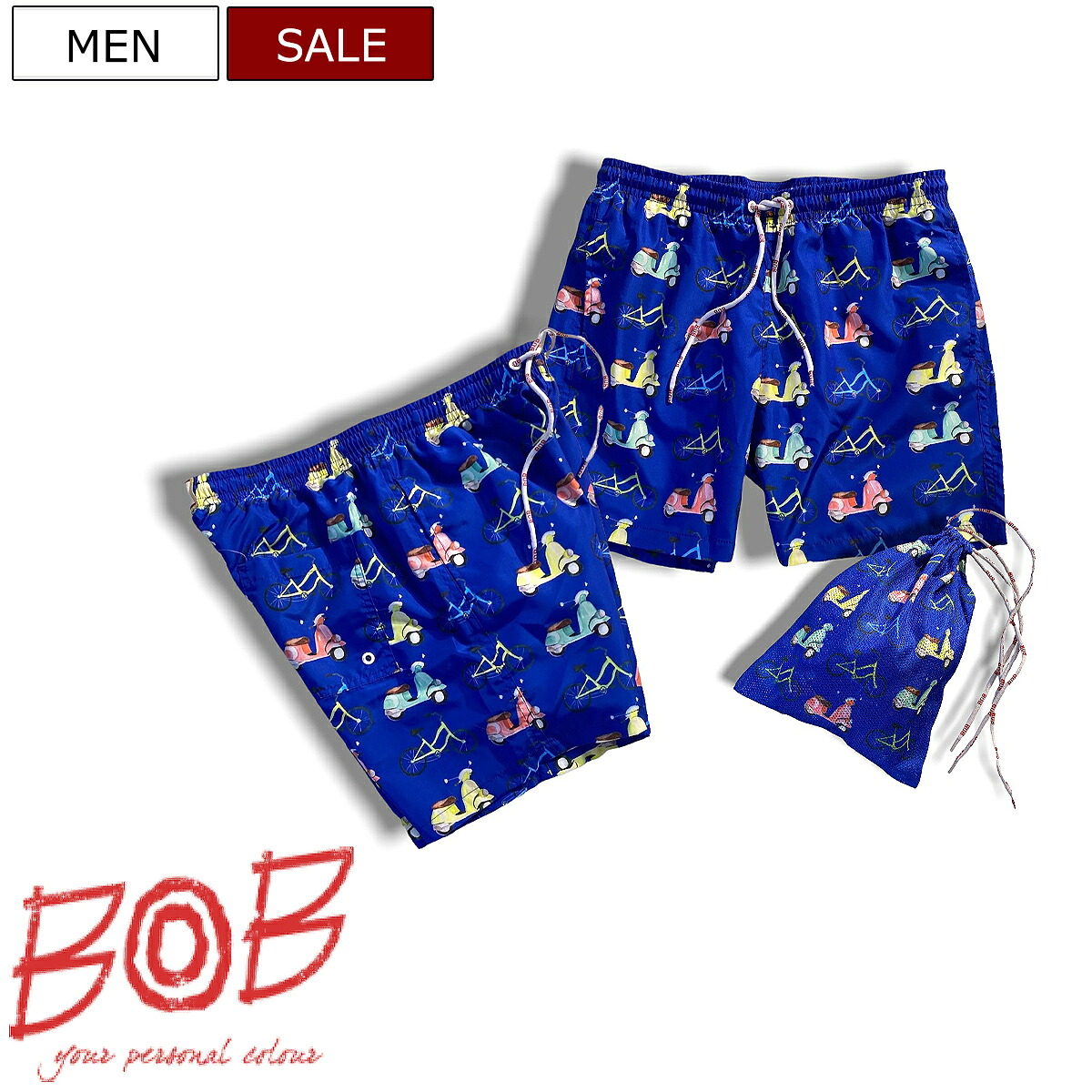 【定価14,300円(税込)】BOB ボブ 大人の遊び心擽る独創的なデザインと美しいカラーリングでビーチの主役に！ラグジュアリースイムウェア！海パン 水着 ショートパンツ 短パン ショーツ バイク 自転車 総柄 インナーメッシュ付き ブルー 072713320
