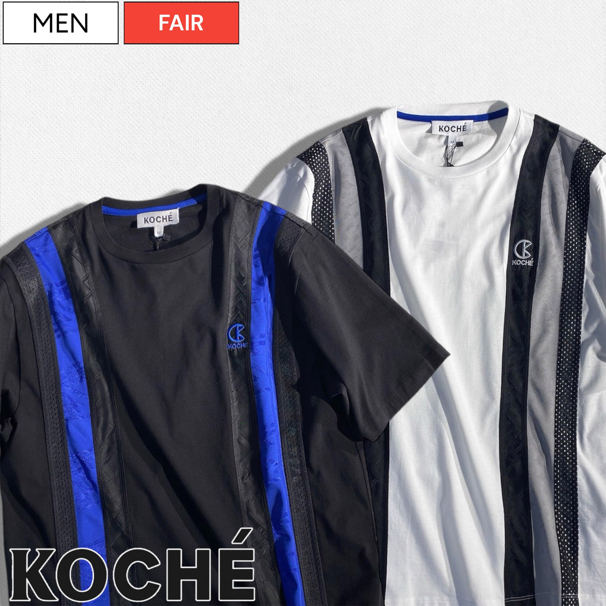 【定価42,900円(税込)】KOCHE コシェ　ドッキングデザインが大人のラグジュアリーカジュアルを演出！アウトドアやスポーツシーンにも活躍する異素材ドッキングクルーネックTシャツ ロゴ 刺繍 半袖 ブラック ホワイト KOCH&Eacute; SK1GC0043 イタリア製 メンズ｜Studio Route134