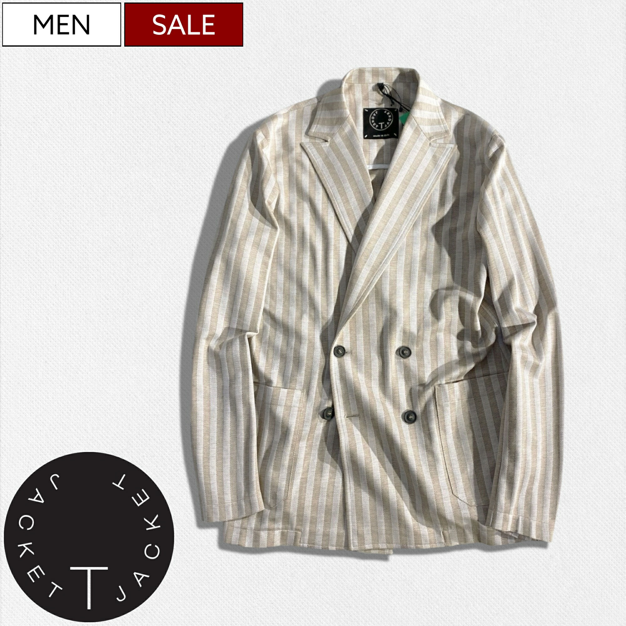 【定価81,400円(税込)】T-JACKET ティージャケット 上品なカラーリングと軽やかな生地で大人のエレガントな佇まいを演出する!ストライプ柄リネン混ダブルテーラードジャケット ベージュ TONELLO トネッロ 419-21410008 Tジャケット T-ジャケット イタリア製 メンズ|Studio Route134