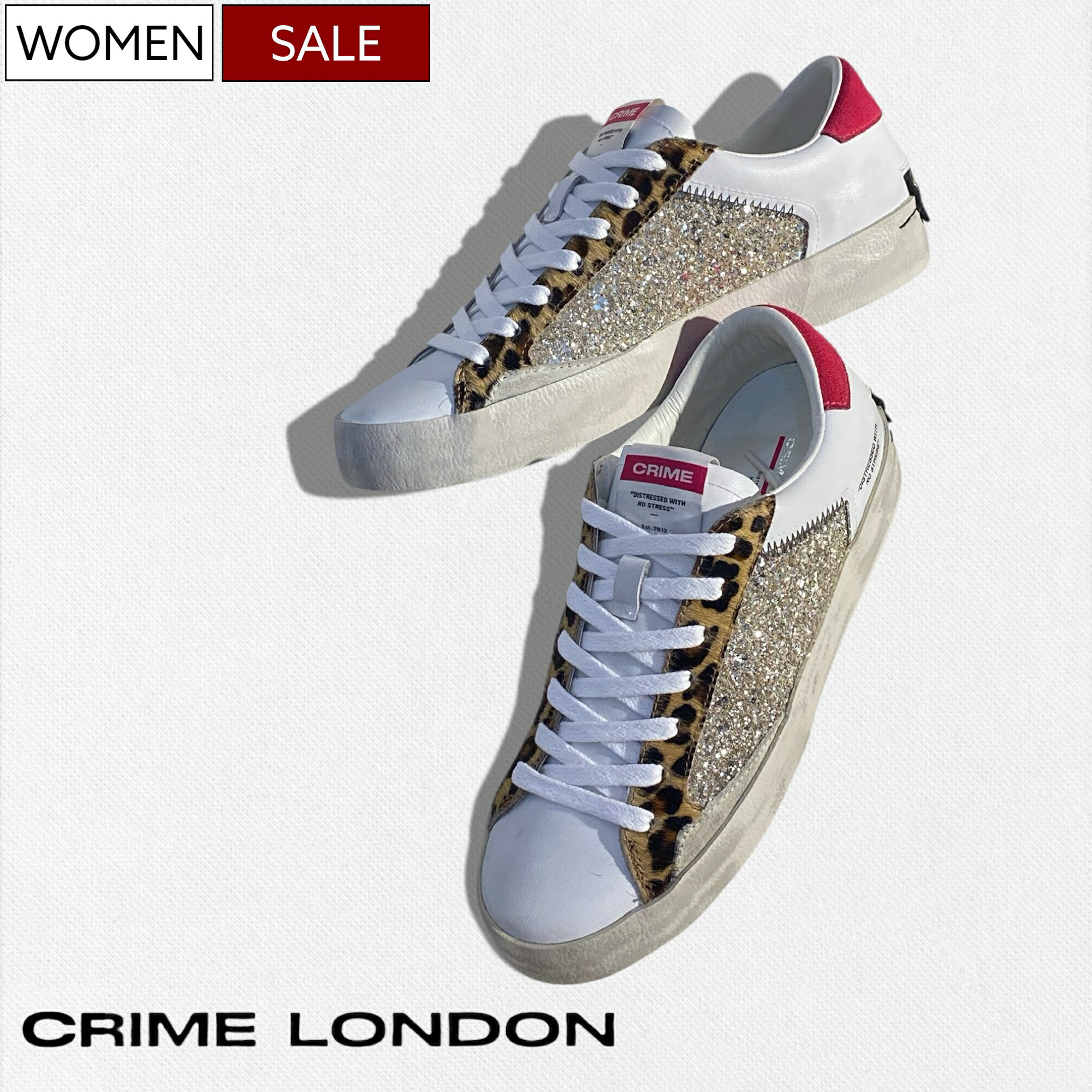 【定価36,300円(税込)】CRIME LONDON クライムロンドン ラグジュアリーでヌケ感溢れる足元を演出♪ベーシックながらトレンドを意識したエイジング加工ロゴ入りグリッターラメレザーコンビネーションスニーカー 靴 シューズ スリッポン レオパード 322192564001 レディース 18,295円