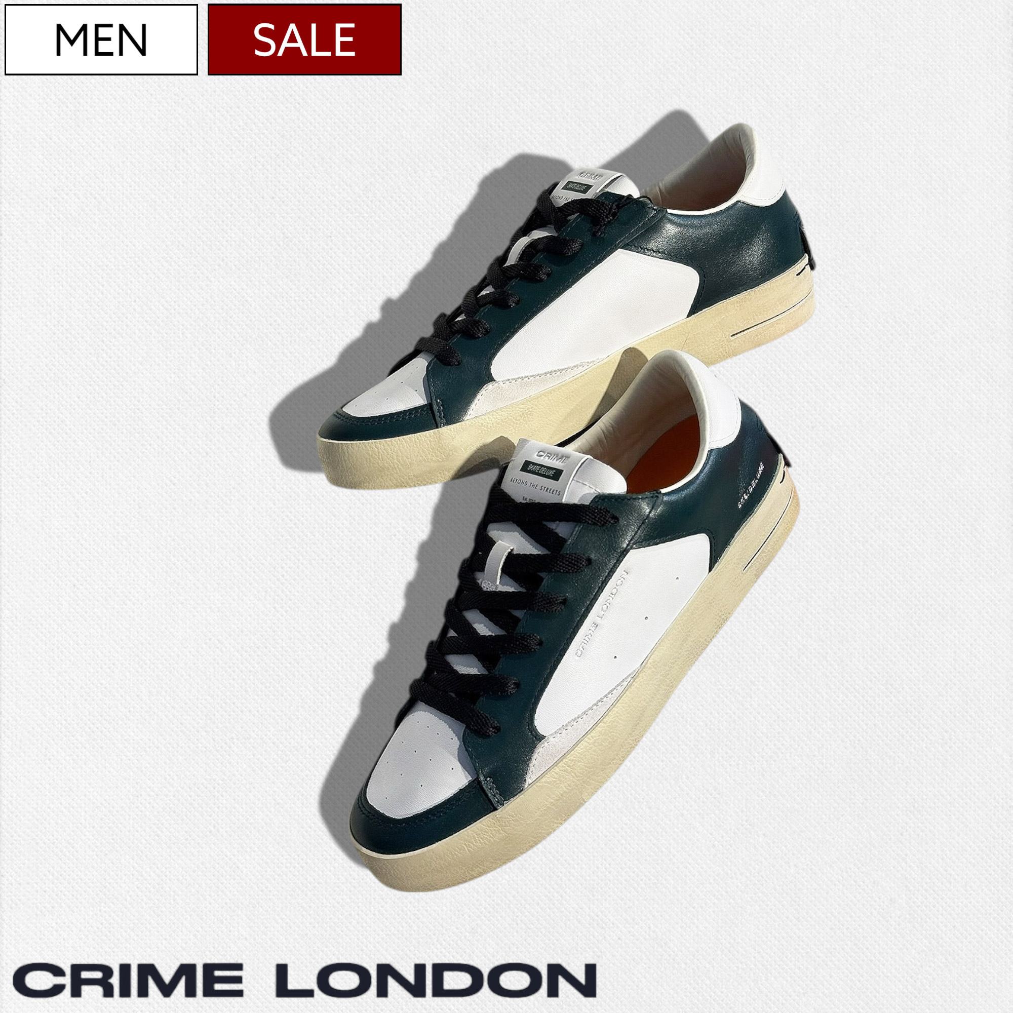 【定価42,900円(税込)】CRIME LONDON クライムロンドン 上質なコンビネーションレザーでラグジュアリーな足元を演出♪ ブランドロゴ入り レザースニーカー 靴 ローカット シューズ エイジング加工 ホワイト×ブラック SK8 DELUXE 320301564012 クライム ロンドン メンズ 13,385円