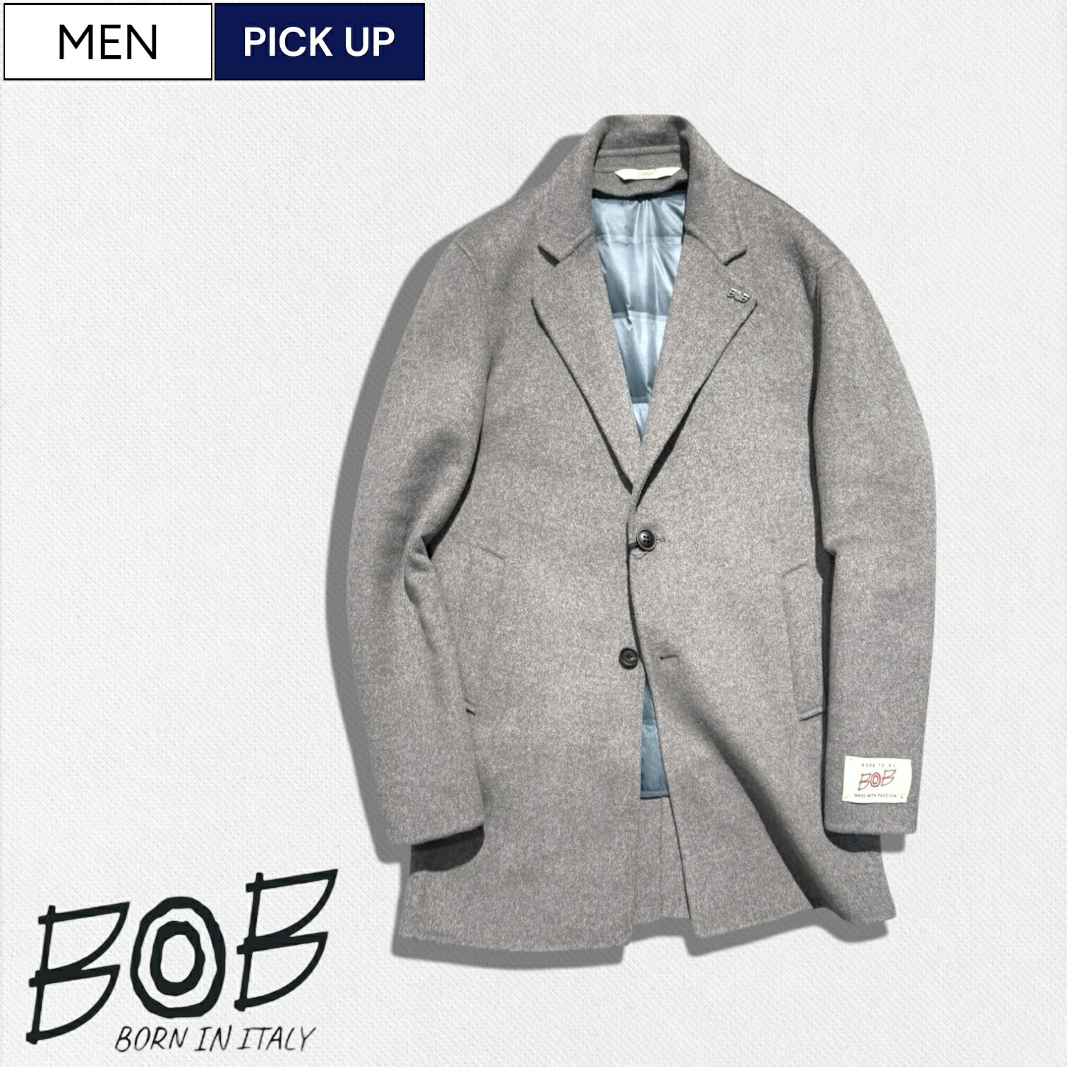 ※KT※【BOB】ボブ　チェスターコート　イタリア製　グレー　サイズ46 KT※【BOB】ボブ チェスターコート イタリア製 グレー サイズ46
