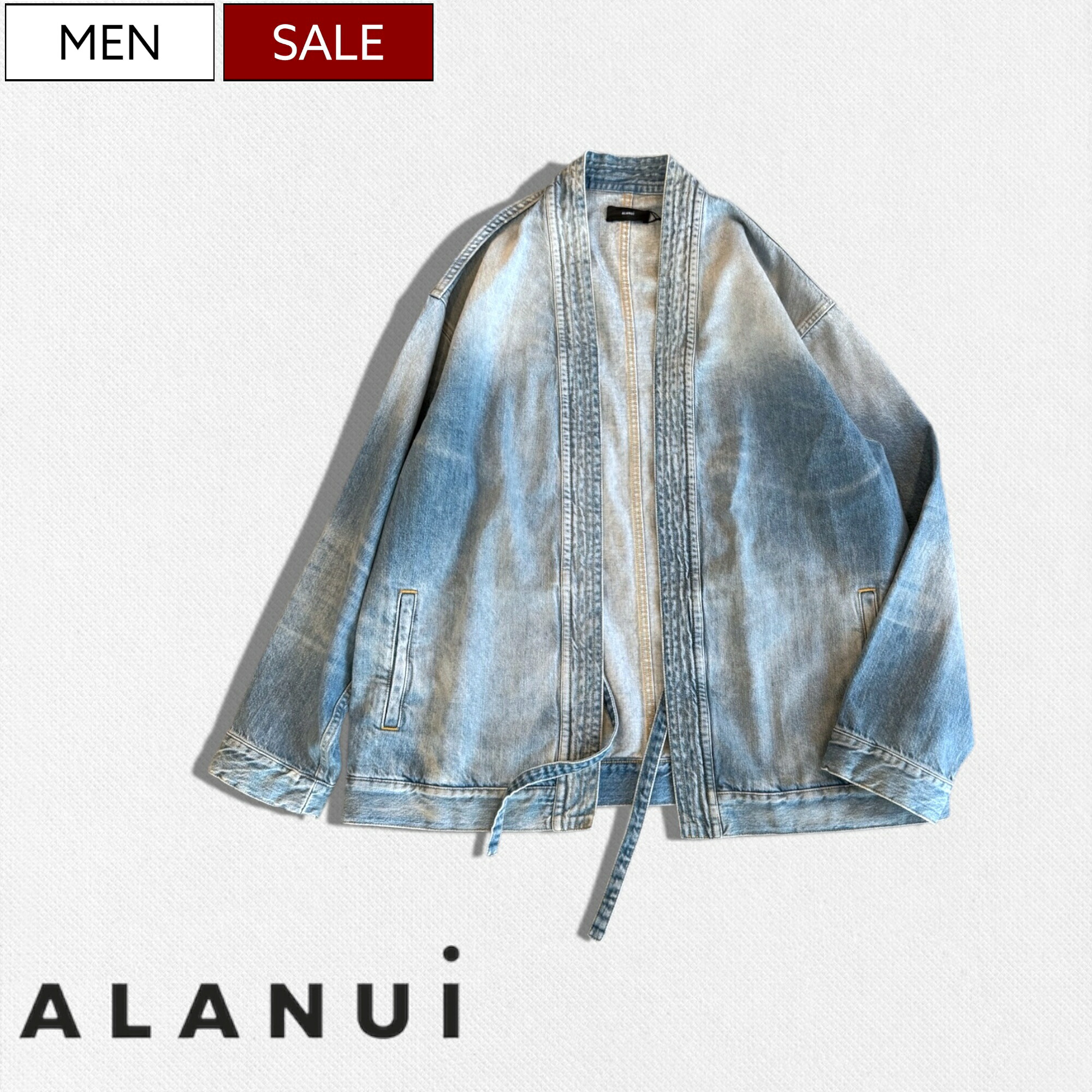 【定価118,800円(税込)】ALANUI -アラヌイ- 最高級のコットンと品格溢れるウォッシュ加工で魅せる！着物から着想を得たウォッシュデニムカーディガン ガウン ジャケット ブルゾン アウター KERALA DENIM KIMONO インディゴブルー LMYR24108 イタリア製 メンズ la1