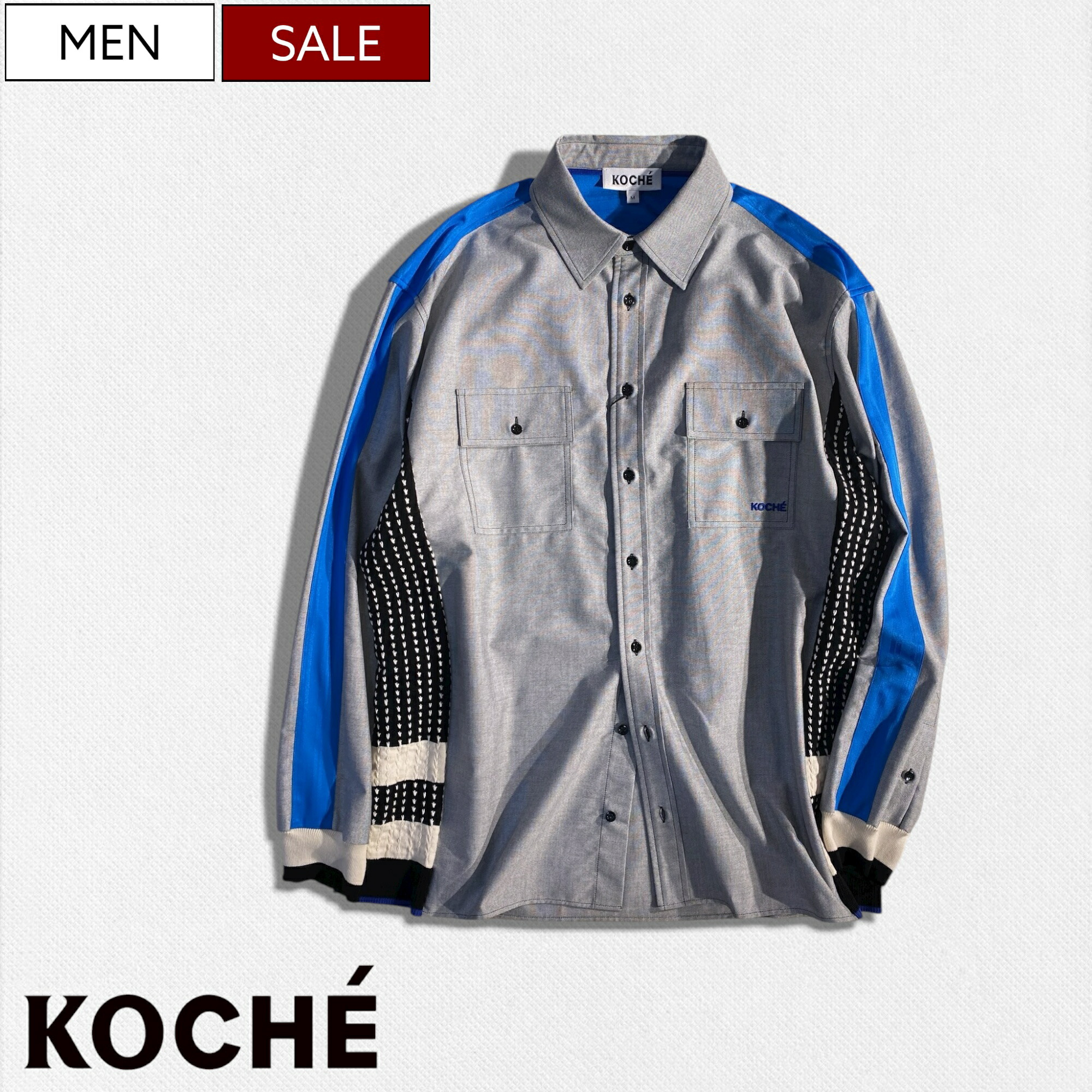 【定価91,300円(税込)】KOCHE コシェ　ドッキングニットデザインが大人のラグジュアリーカジュアルを演出！ロゴ刺繍入り ニットドッキングロングスリーブシャツ レギュラーカラーシャツ 刺繍 長袖 グレー×ブルー KOCH・・ SK3DT0001 イタリア製 メンズ