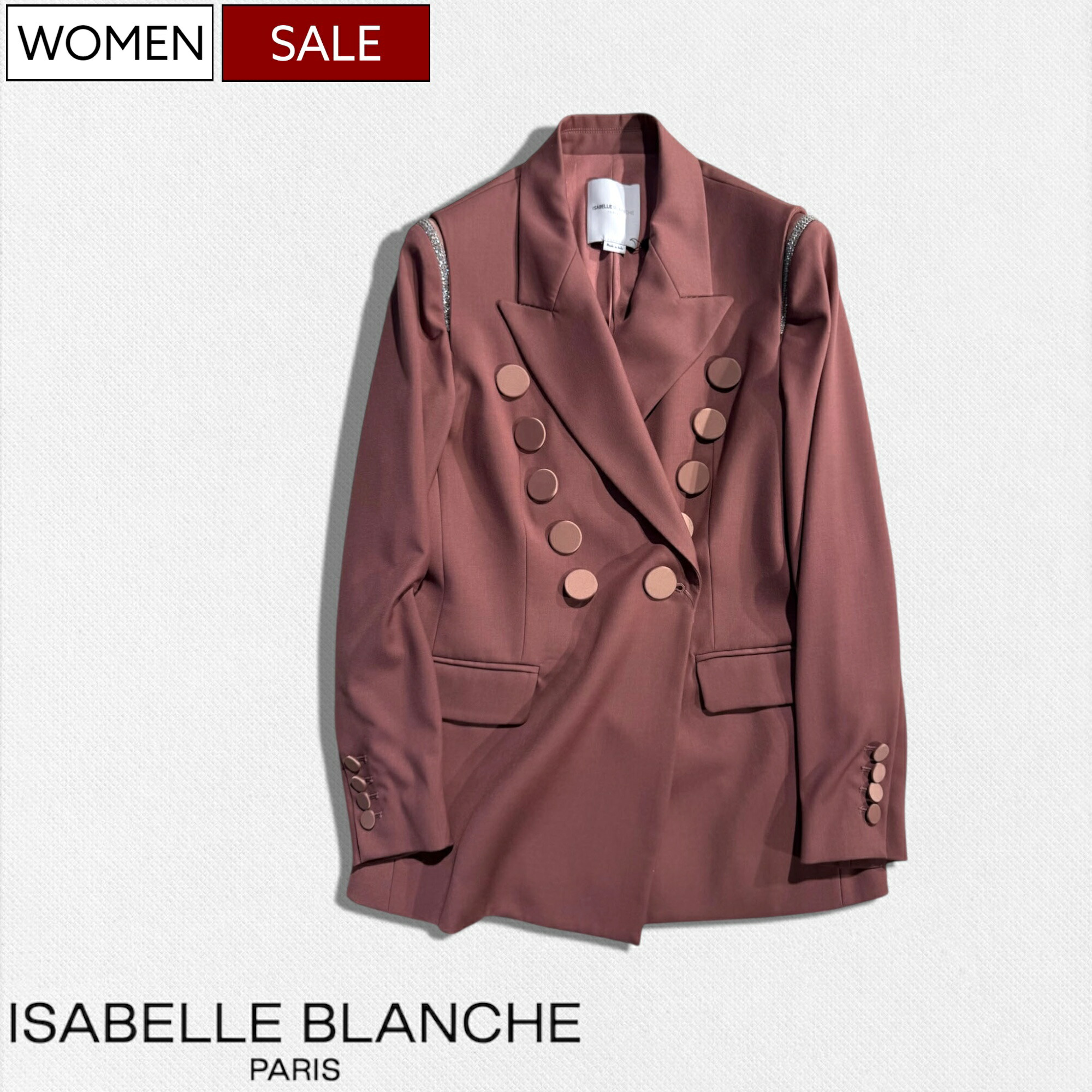 【定価62,700円(税込)】ISABELLE BLANCHE PARIS -イザベルブランシュ-　 華やかな艶感と洗練されたリラックスシルエット、スワロフスキー装飾デザインで魅せるボタンデザインダブルジャケット ブルゾン イタリア製 01J159 ワインレッド モーヴ レディース