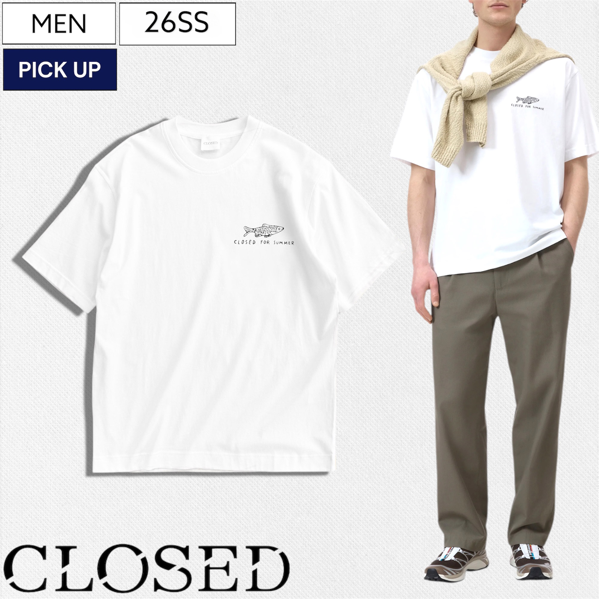 【定価15.400円(税込)】CLOSED -クローズド- 日常にさりげないアクセントをプラスするフィッシュモチーフ“CLOSED FOR SUMMER” グラフィックTシャツ クルーネック フィッシュ 魚 半袖 Tシャツ ワンポイント ロゴプリント ティーシャツ ホワイト 6139-2576044HPR メンズ 11,242円