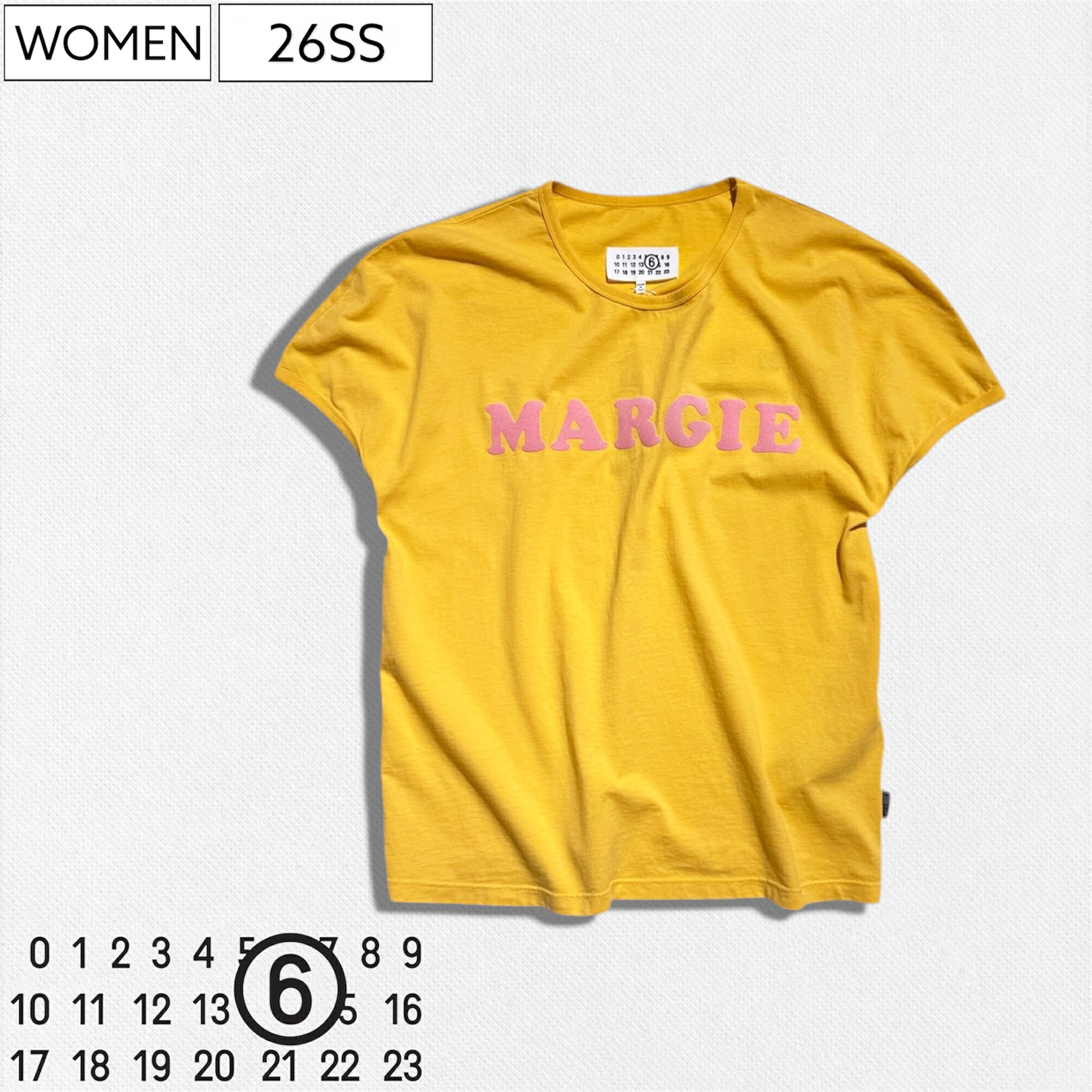 【定価56,100円(税込)】 MM6 Maison Margiela エムエムシックス メゾンマルジェラ 愛着をデザインへと昇華させた一着！大切にされてきた宝物に出会ったようなフロッキーロゴヴィンテージジャージーTシャツ ジャージー イエロー ステッチ 半袖 S62GD0212M20108 レディース 36,465円