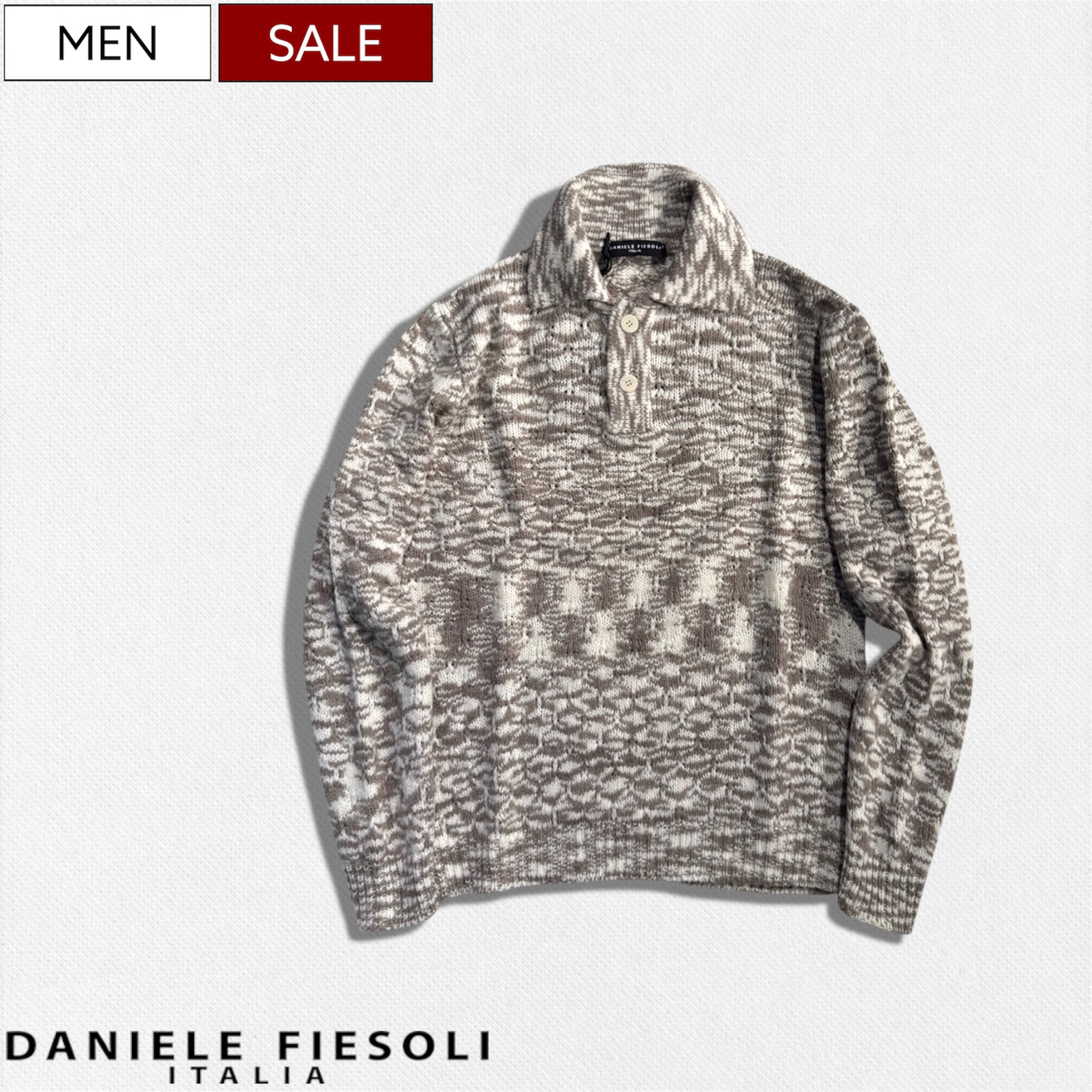 【定価37,400円(税込)】DANIELE FIESOLI -ダニエレフィエゾーリ- 極上の着心地がクセになる！品よく緩くフィレンツェの風を纏う メランジウールニットポロ 襟付き セーター ポロシャツ 長袖 ベージュ ニュアンスカラー df9082 イタリア製 メンズ