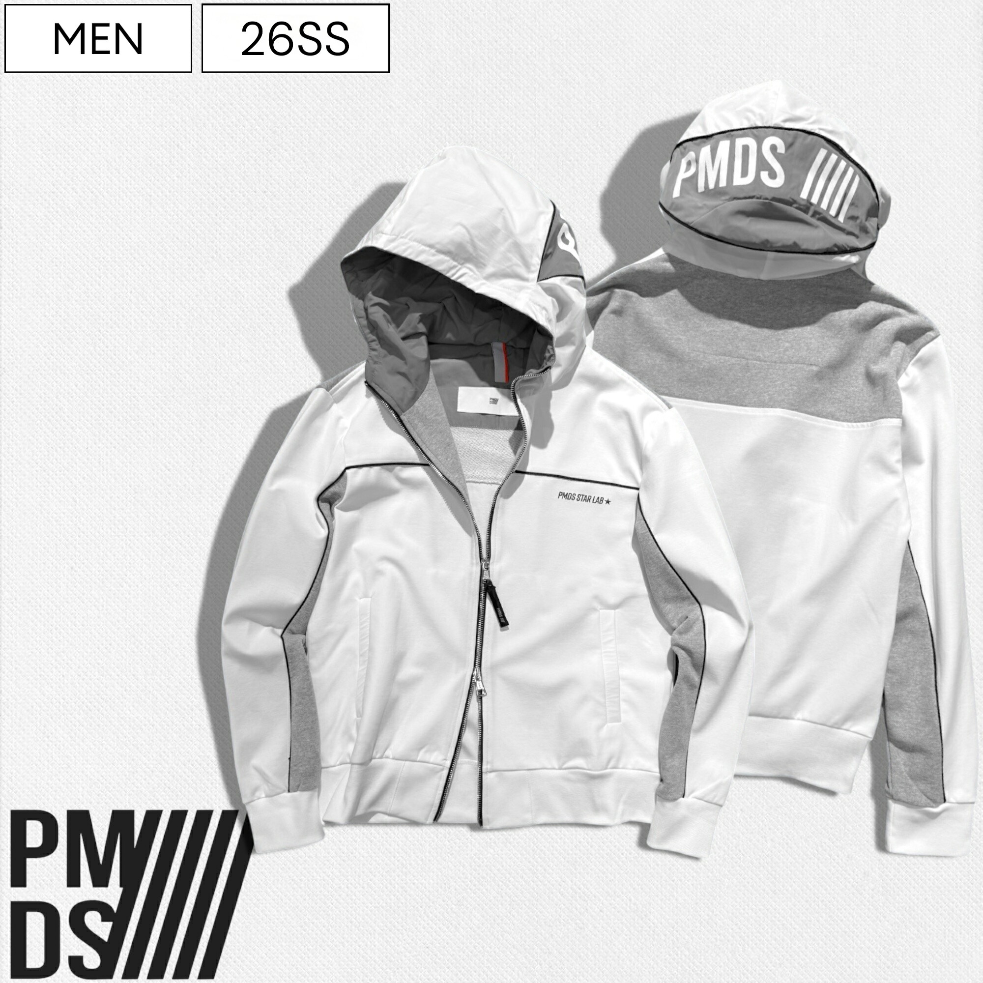 【定価49,500円(税込)】PREMIUM MOOD DENIM SUPERIOR-プレミアムムードデニムスペリオール- P.M.D.S. フードロゴデザインで魅せるドッキングスウェットダブルジップパーカー コンビネーション ジャージ セットアップ 610591164006 PMDS イタリア製 メンズ