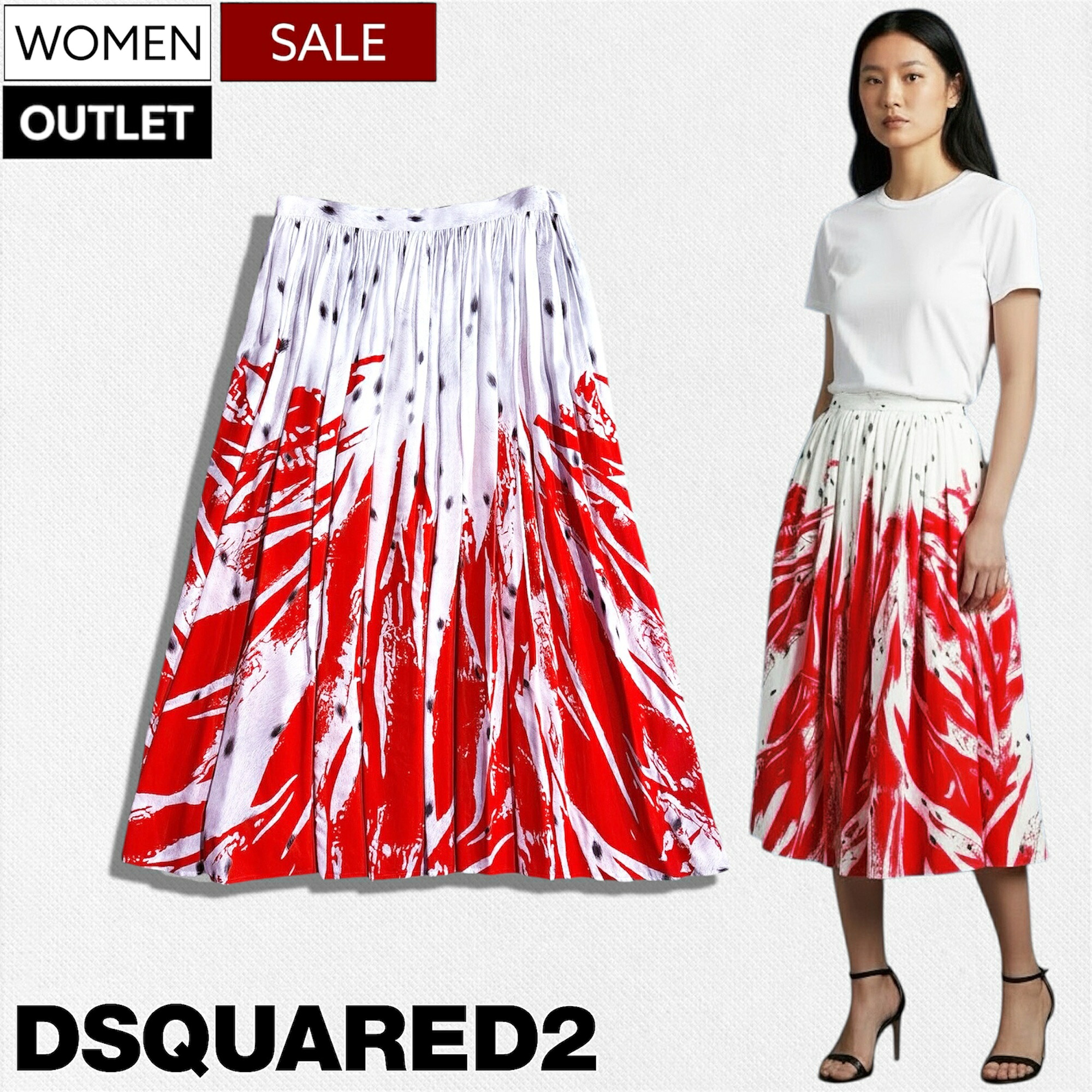 【OUTLET】【定価96,800円(税込)】DSQUARED2 ディースクエアード 繊細なギャザーから生まれる流麗なAライン！多面的な魅力を持つ大人の女性にふさわしいミモレ丈スカート ギャザー プリーツ ミディ丈 ホワイト S75MA0822 イタリア製 レディース ワケ有
