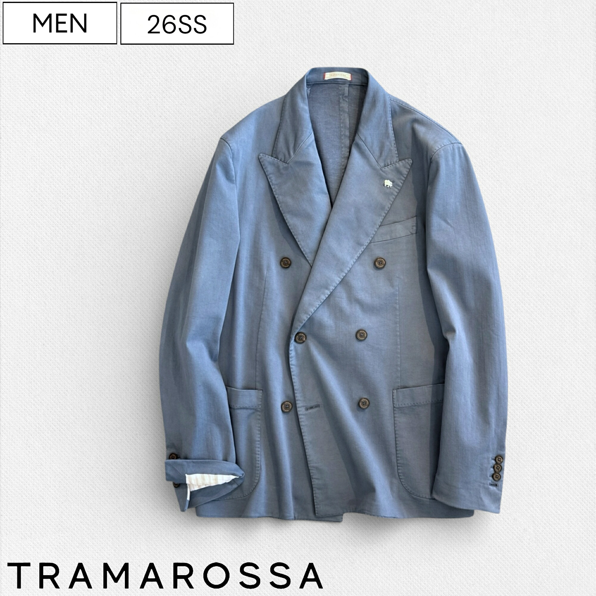 【定価115,500円(税込)】TRAMAROSSA トラマロッサ 厳選されたスーパーストレッチ素材でクラシックなスタイルと現代的なビジョンが融合されたエレガントなスーパーストレッチダブルブレストジャケット【GIACOMO】アイアンブルー インディゴ 833-68010002 メンズ