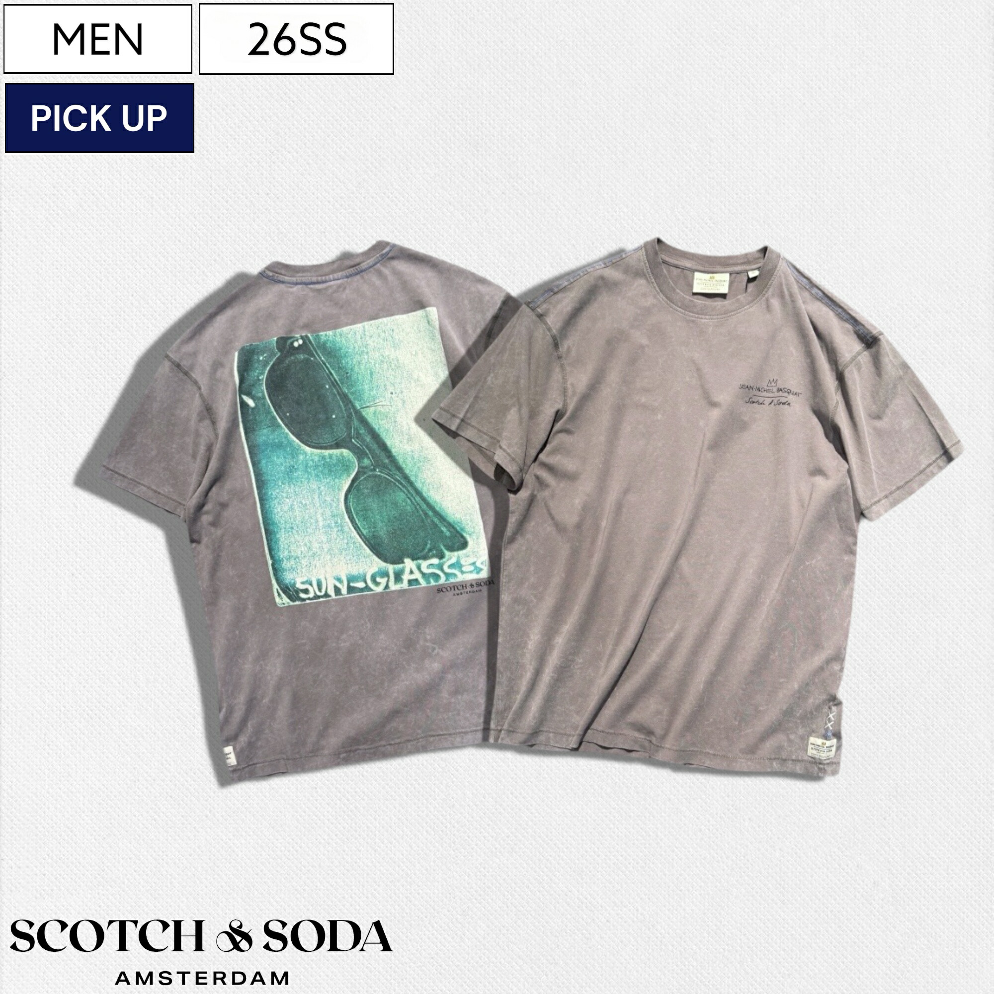 【定価13,200円(税込)】SCOTCH & SODA × Basquiat スコッチ＆ソーダ×バスキア　彼の自由な精神と恐れを知らない創造性を刺繍で称えた1着！美しいウォッシュ加工が映えるバックプリントデザインウォッシュTシャツ コラボ オーバーフィット 半袖 52418 グレー メンズ