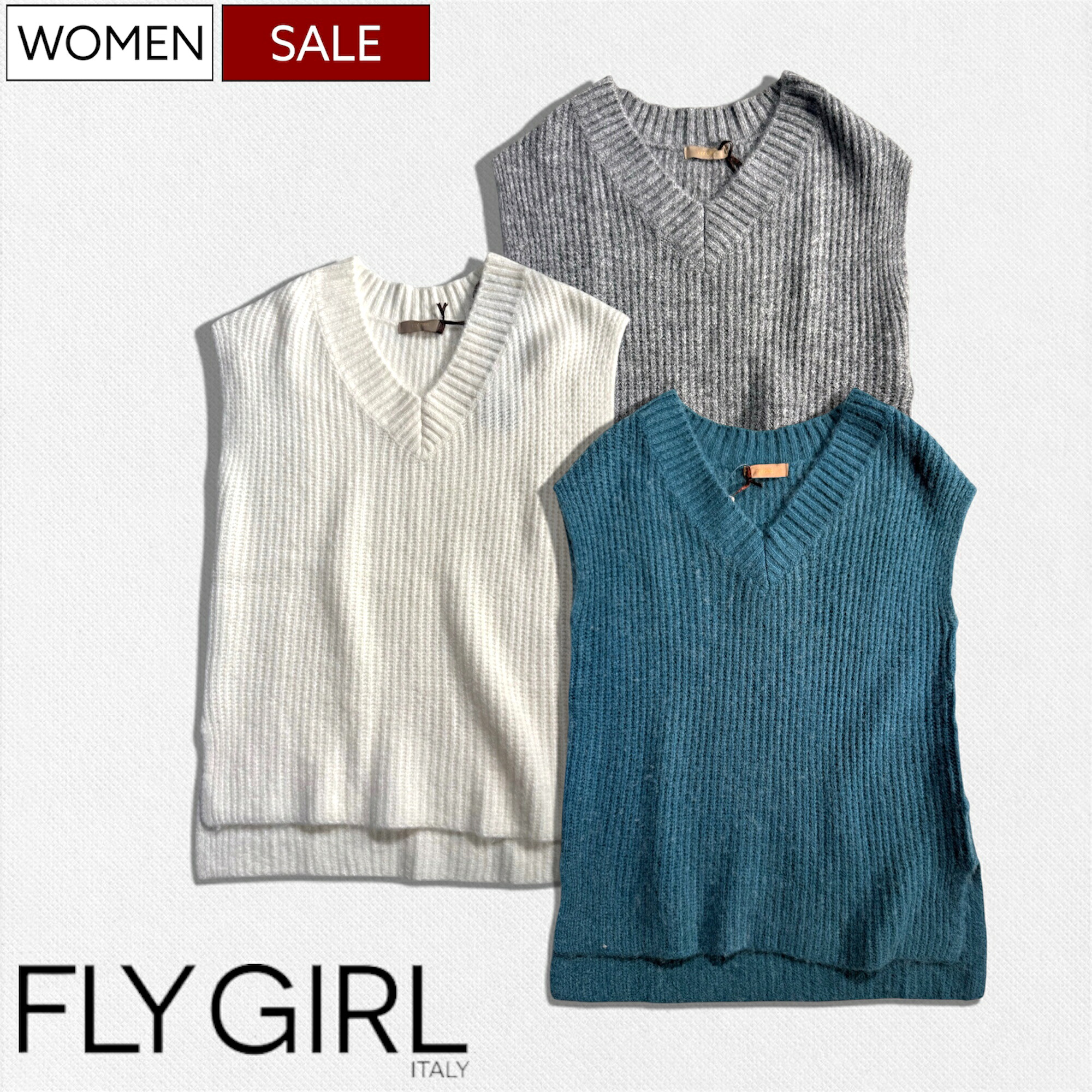 【定価24,200円(税込)】 FLY GIRL -フライガール- 美しい素材感で魅せる ♪ 気分を晴れやかにしてくれるノースリーブVネックウールニット ベスト ブイ 半袖 セーター トップス ブルーグリーン グレー ホワイト 10927 レディース イタリア製｜Studio Route134