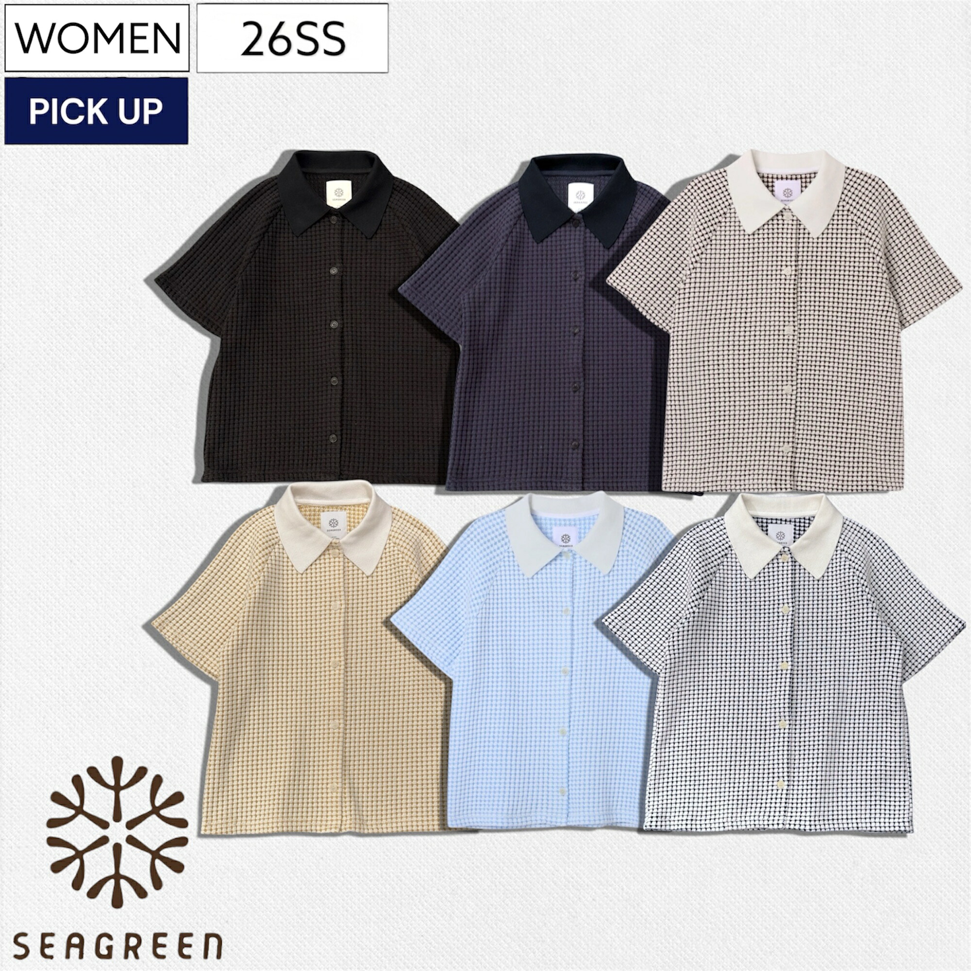 【定価19,800円(税込)】Seagreen -シーグリーン 大人の甘さを醸し出す人気シリーズ！フレーバー（香り）付き ビックワッフルブラウス タイトブラウス 半袖 ロイヤル サックス イエロー ブラウン ネイビー ブラック LCKZ0045065538 レディース オニワッフル 日本製 15,246円
