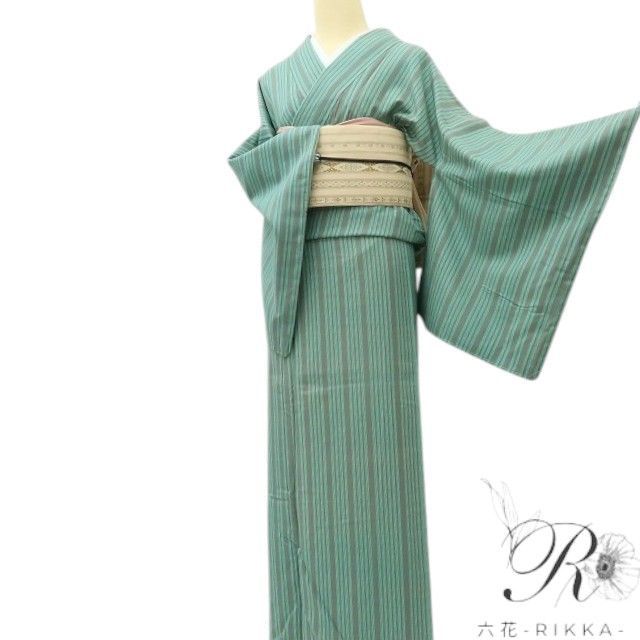 【中古】六花-RIKKA- 正絹 縦縞 トール・ワイドサイズ 紬 着物 A4311
