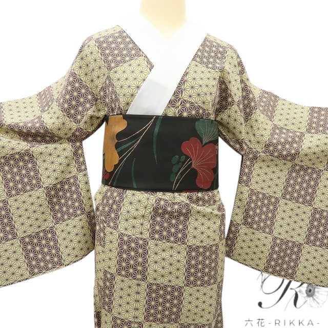 【中古】六花-RIKKA- 美品 正絹 麻の葉 単衣 居敷当・半衿付 袖無双 ワイドサイズ 長襦袢 着物 A4582